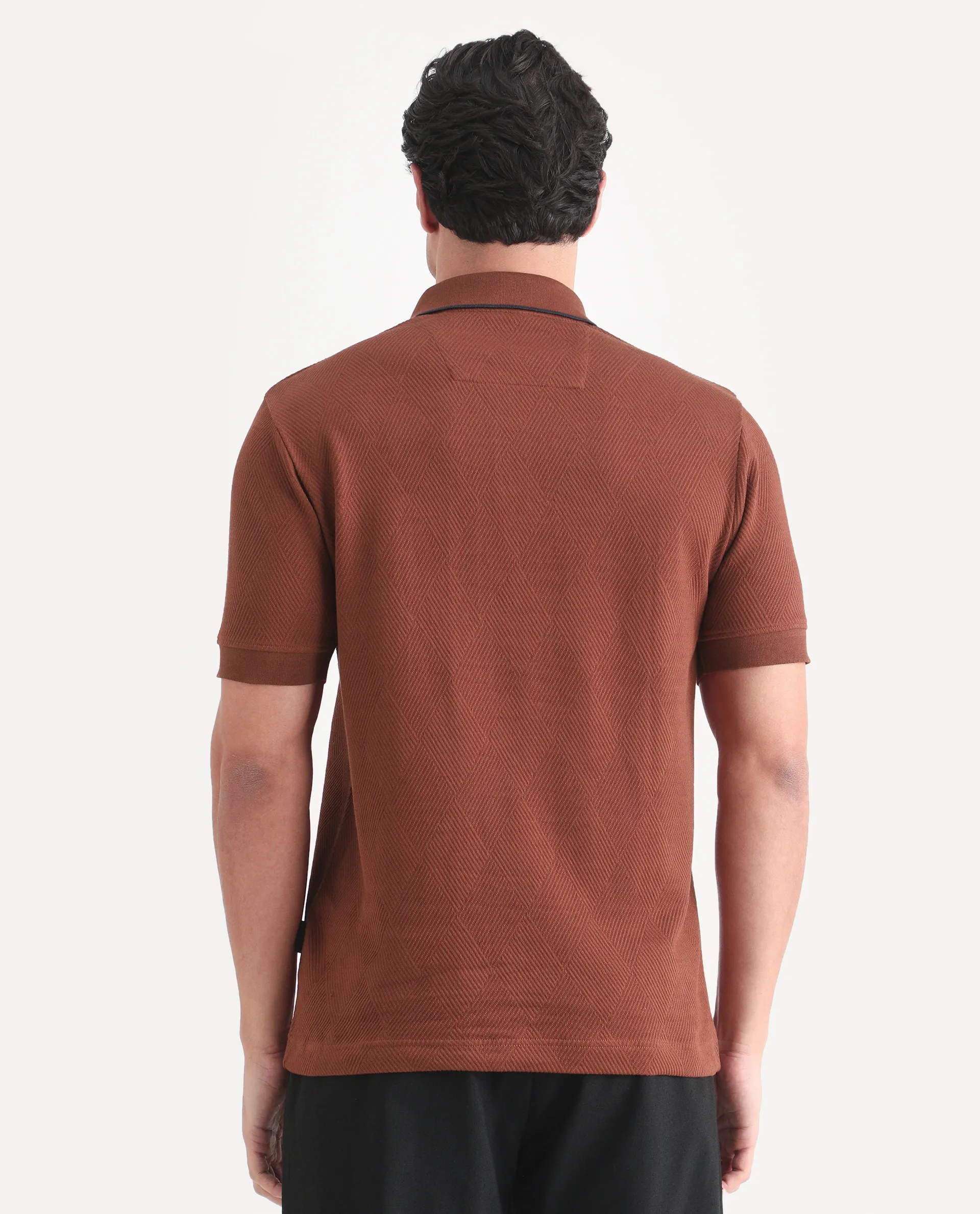 Rare Rabbit Men's Argyn Rust Cotton Fabric Half Sleeve Spread Collar Regular Fit Textured Polo - Image 8