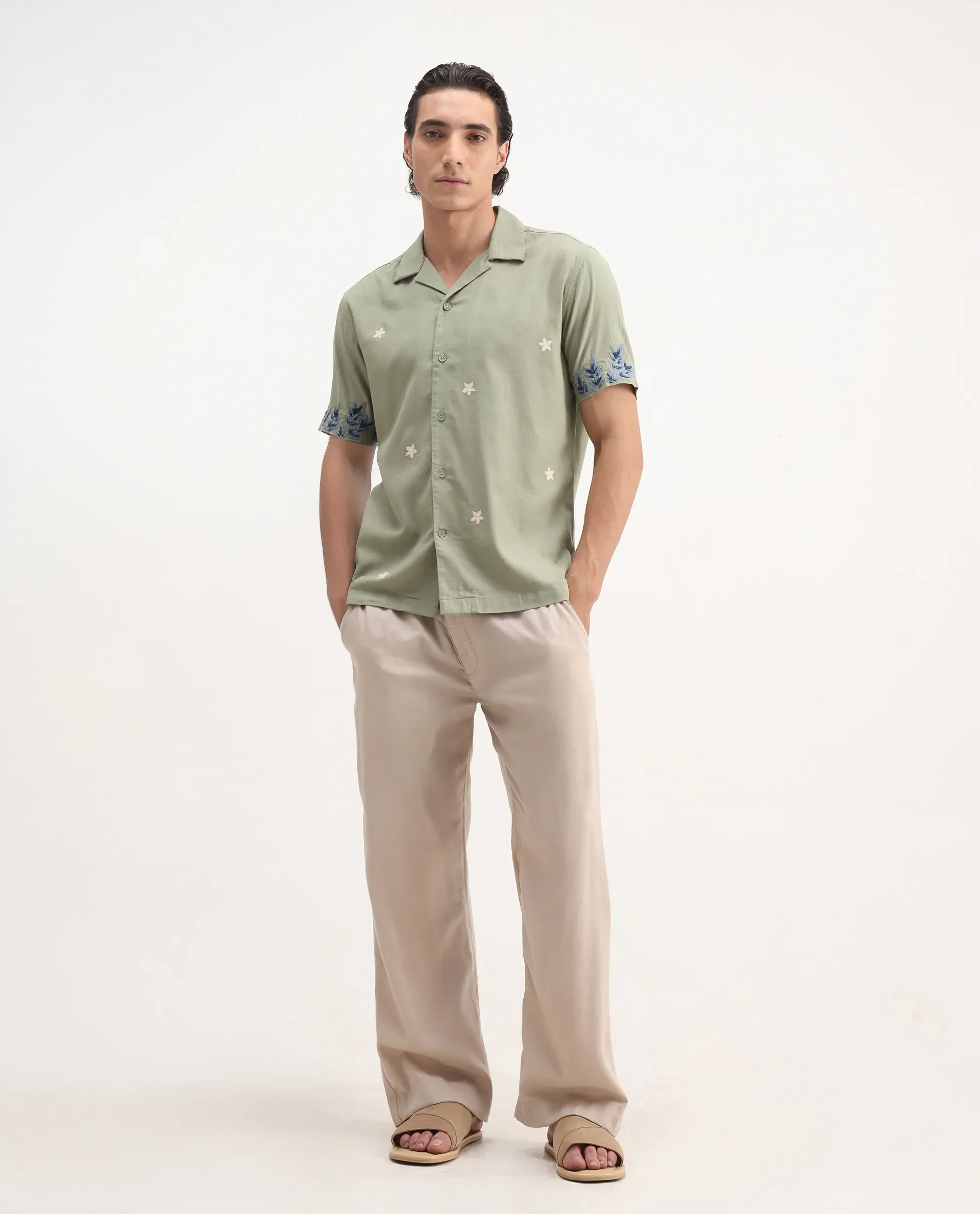Rare Rabbit Men's Aria Olive Viscose Embroidered Boxy Fit Half Sleeve Cuban Collar Shirt - Image 2