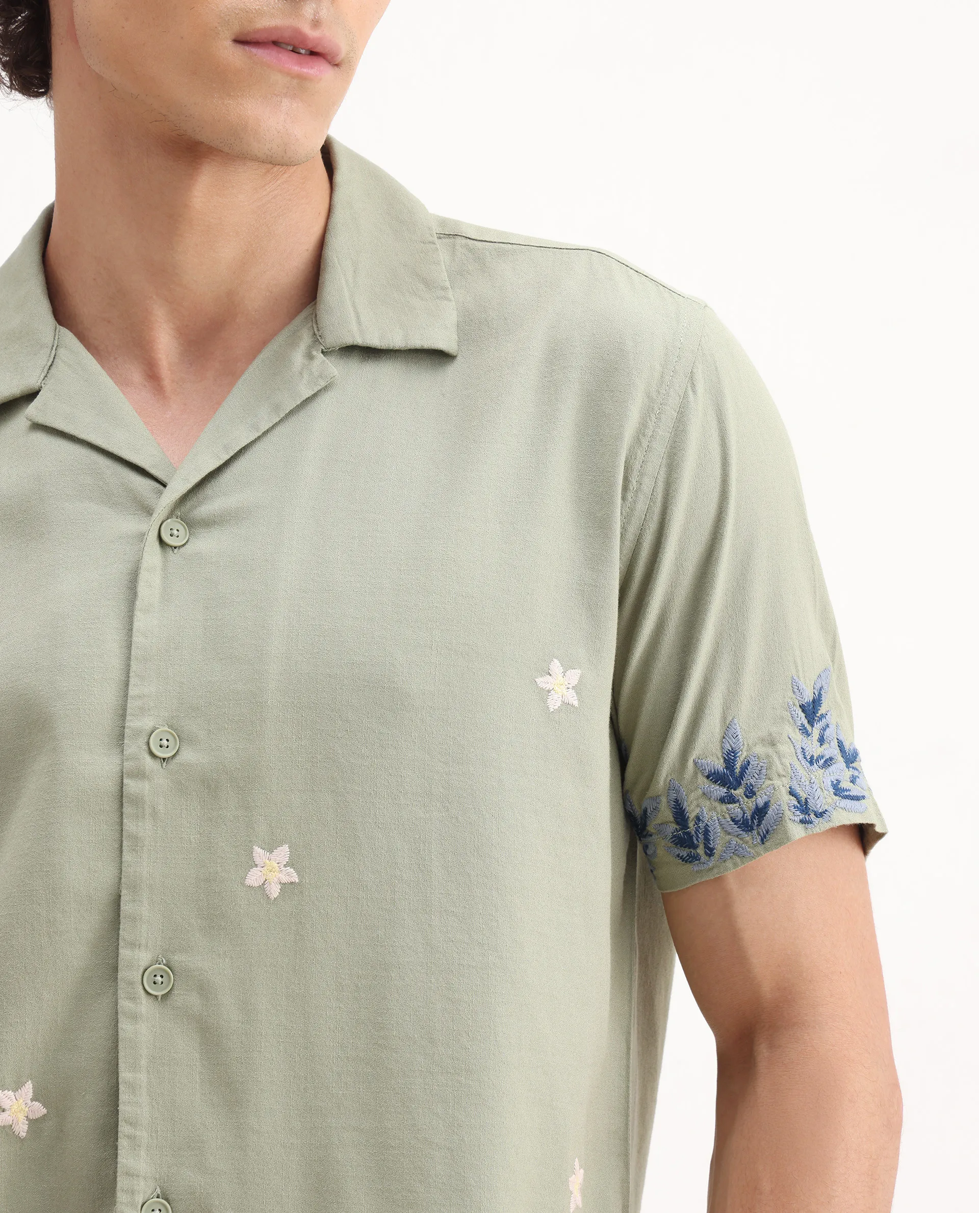 Rare Rabbit Men's Aria Olive Viscose Embroidered Boxy Fit Half Sleeve Cuban Collar Shirt - Image 3