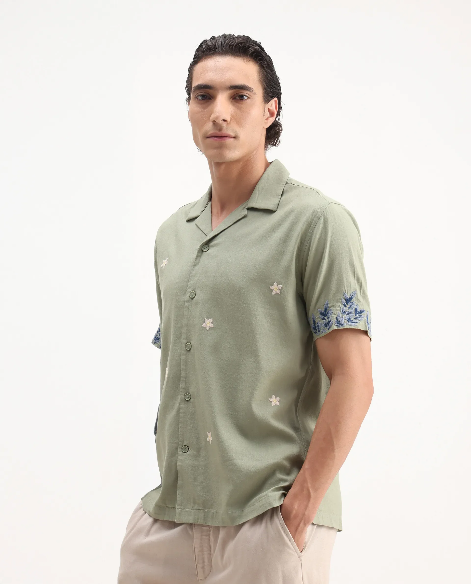 Rare Rabbit Men's Aria Olive Viscose Embroidered Boxy Fit Half Sleeve Cuban Collar Shirt - Image 4