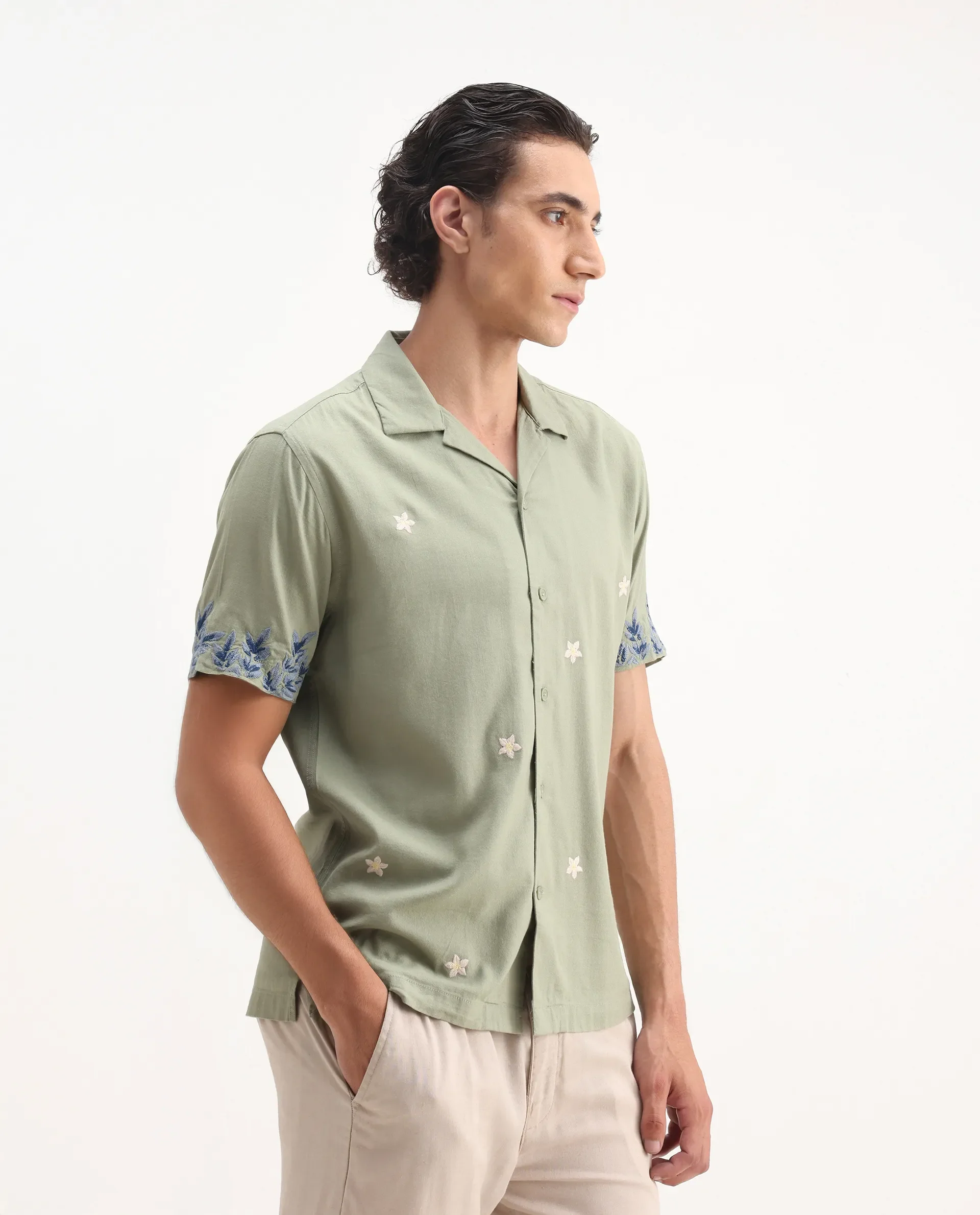 Rare Rabbit Men's Aria Olive Viscose Embroidered Boxy Fit Half Sleeve Cuban Collar Shirt - Image 5
