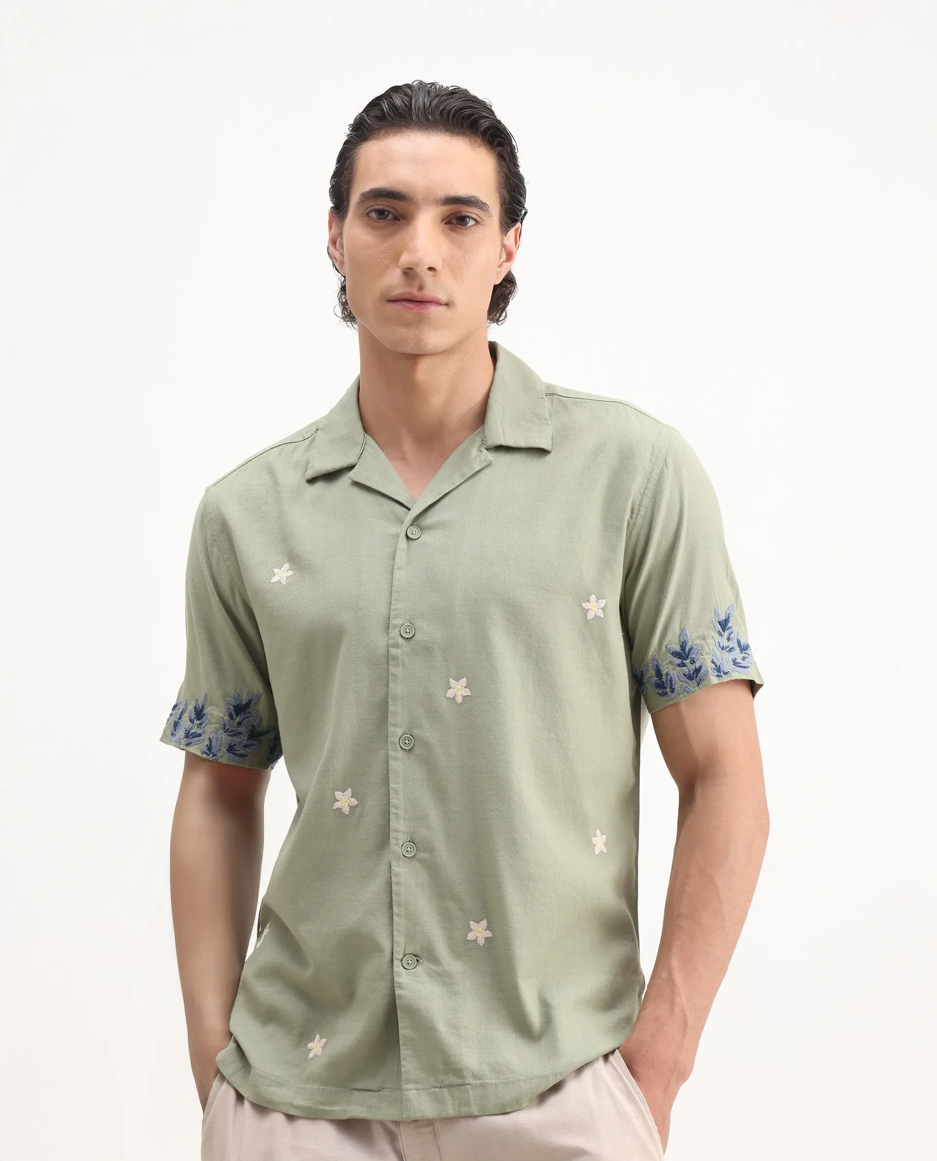 Rare Rabbit Men's Aria Olive Viscose Embroidered Boxy Fit Half Sleeve Cuban Collar Shirt - Image 6