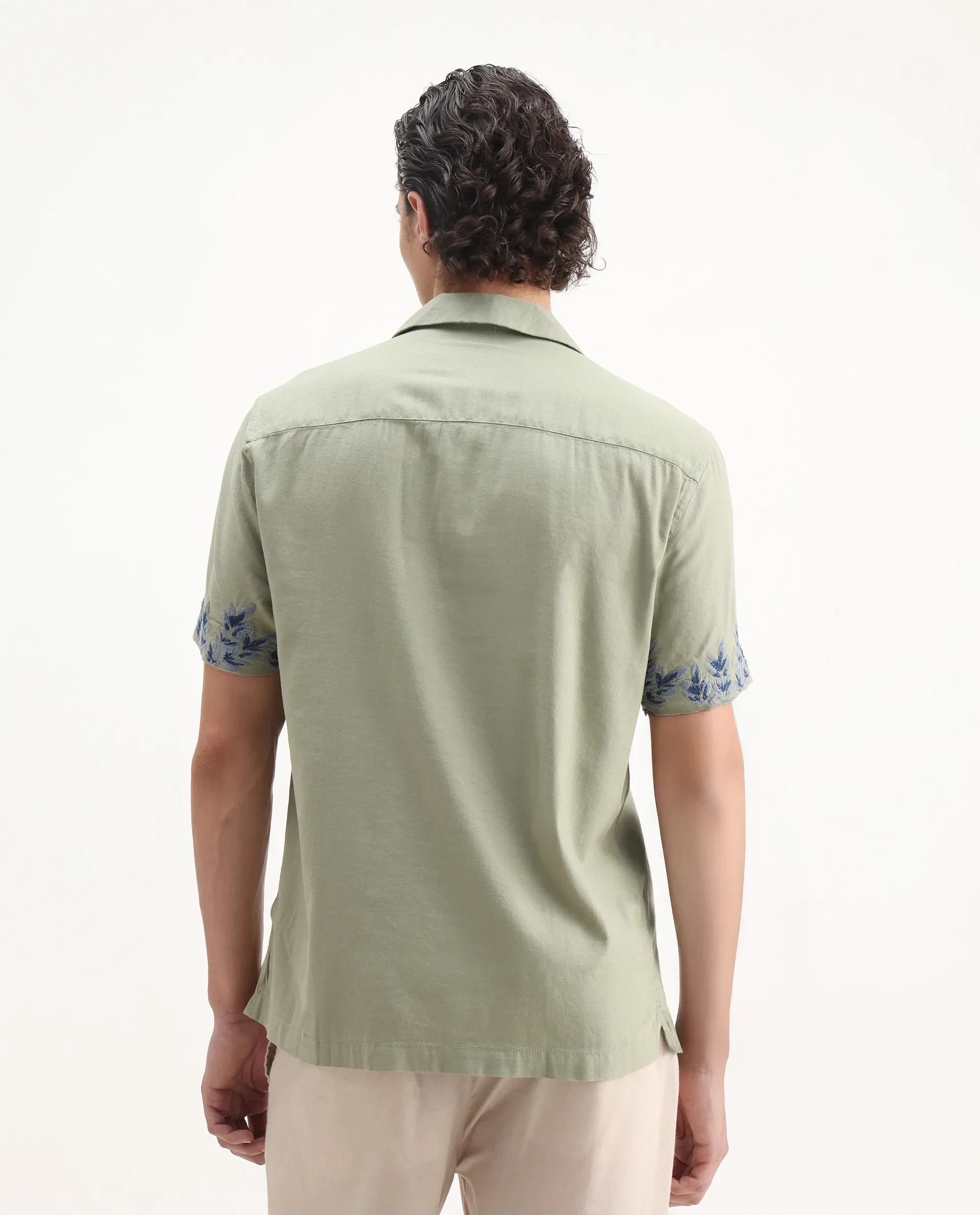 Rare Rabbit Men's Aria Olive Viscose Embroidered Boxy Fit Half Sleeve Cuban Collar Shirt - Image 7