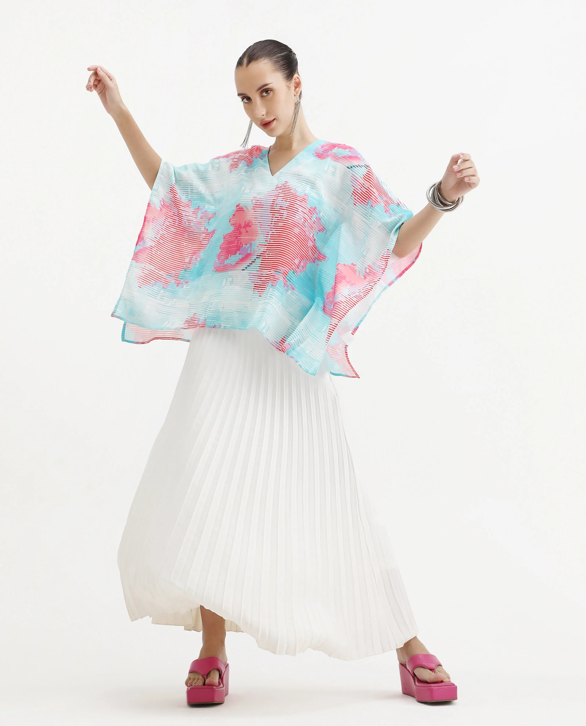 Rareism Women's Arial Light Linen V-Neck Abstract Print Kimono Sleeve Relaxed Fit Top - Image 2