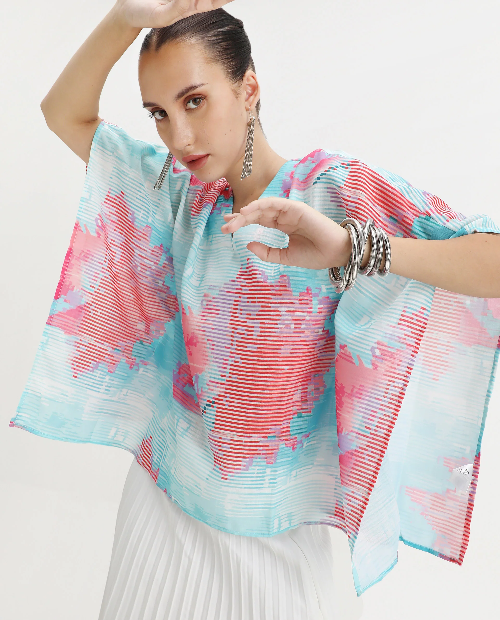 Rareism Women's Arial Light Linen V-Neck Abstract Print Kimono Sleeve Relaxed Fit Top - Image 3