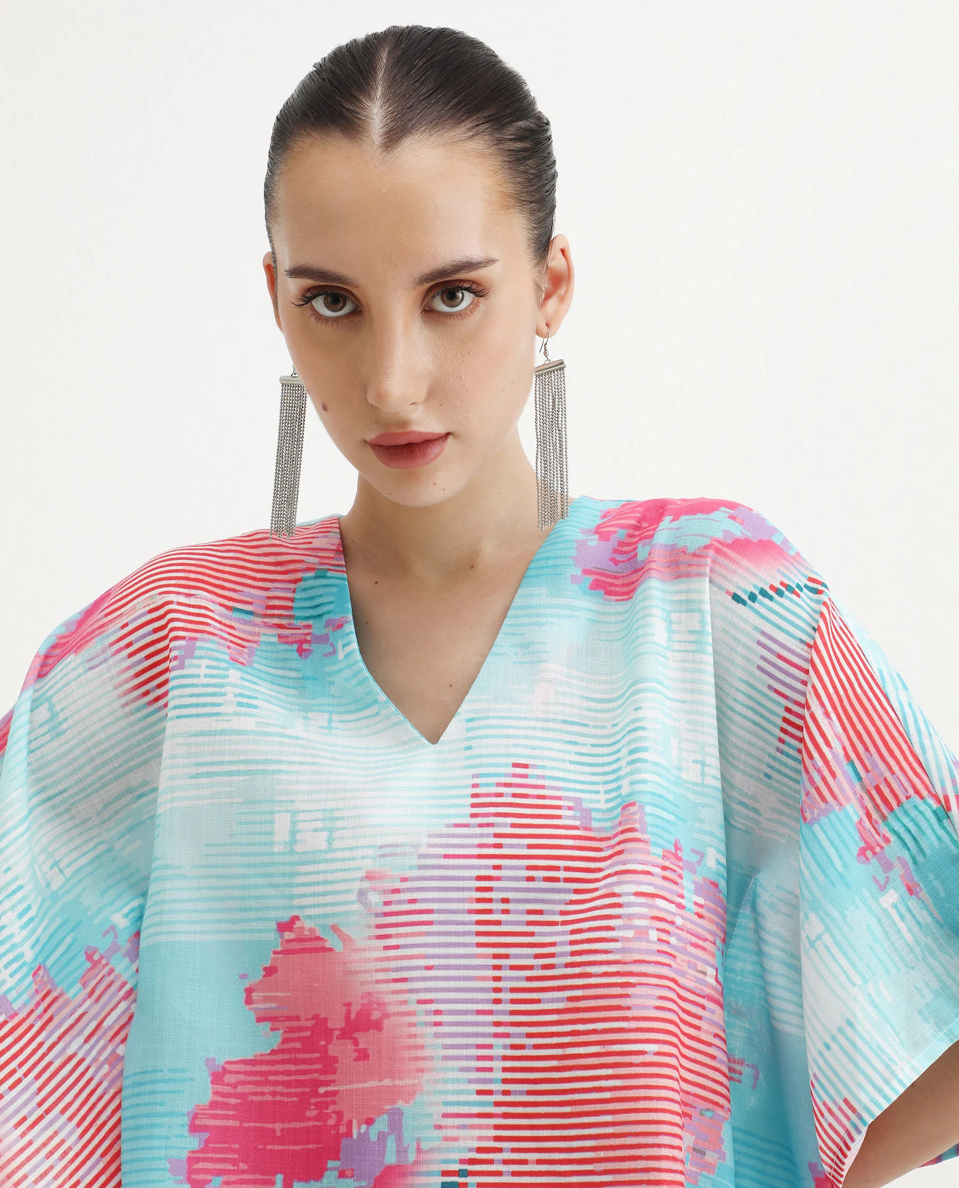 Rareism Women's Arial Light Linen V-Neck Abstract Print Kimono Sleeve Relaxed Fit Top - Image 4