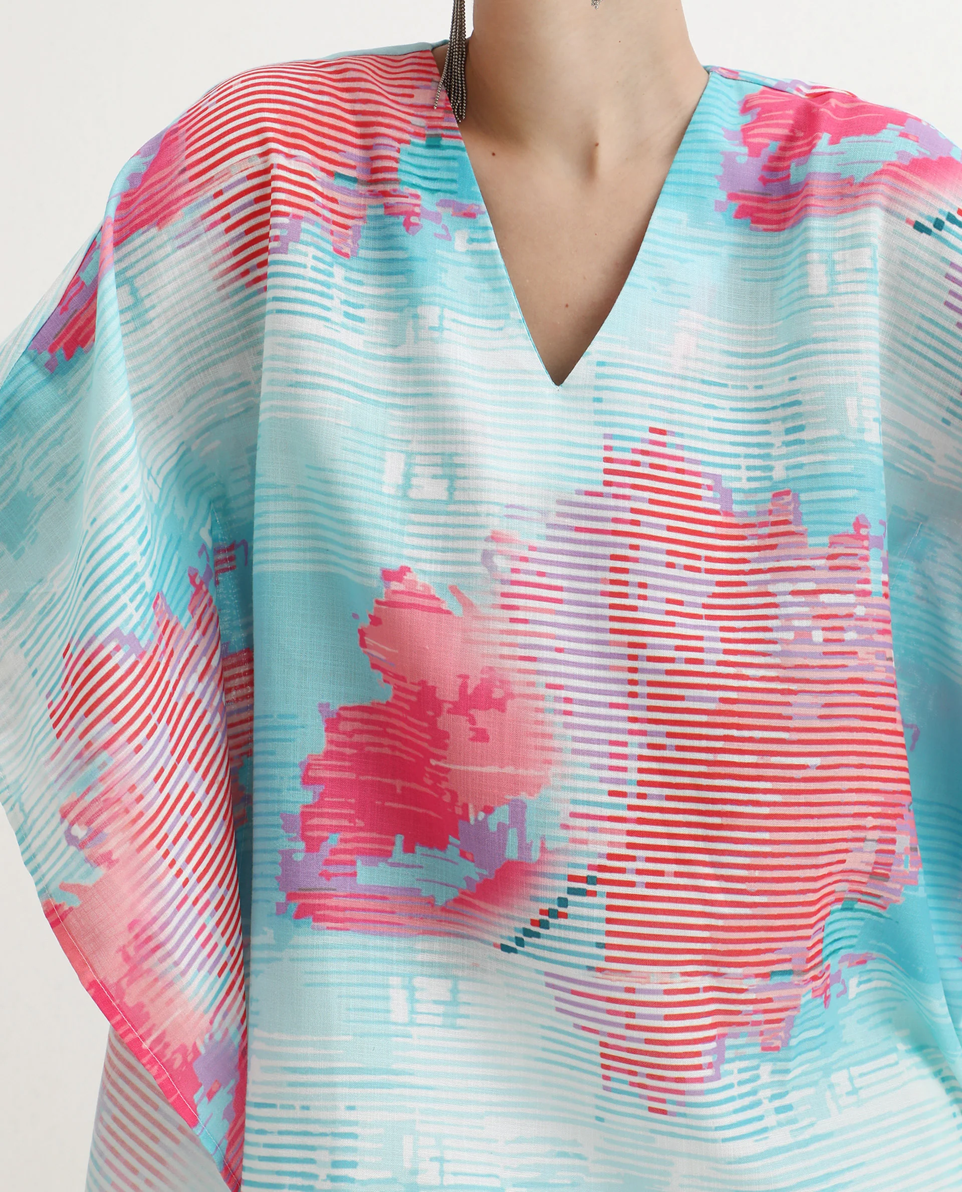 Rareism Women's Arial Light Linen V-Neck Abstract Print Kimono Sleeve Relaxed Fit Top - Image 5