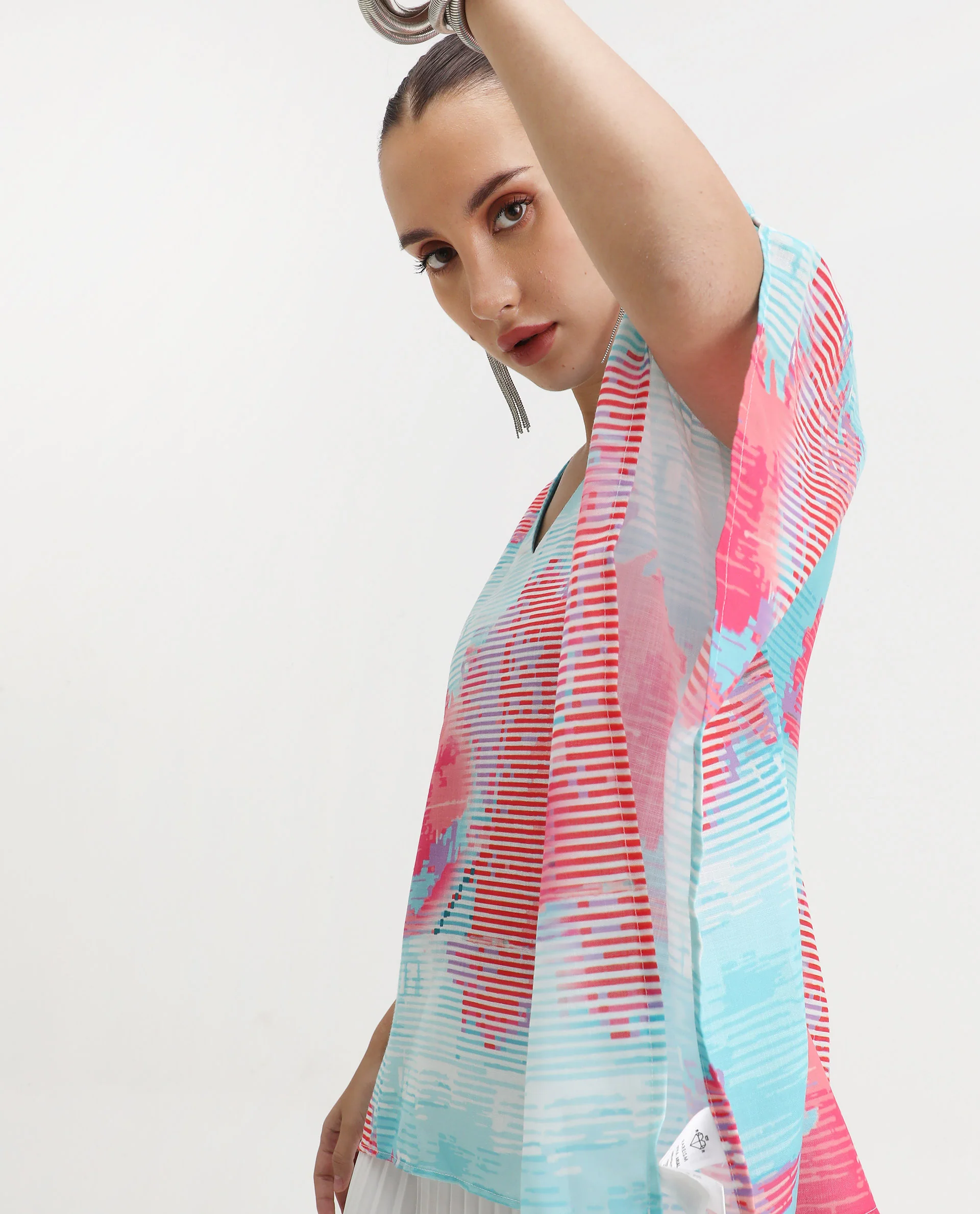 Rareism Women's Arial Light Linen V-Neck Abstract Print Kimono Sleeve Relaxed Fit Top - Image 6