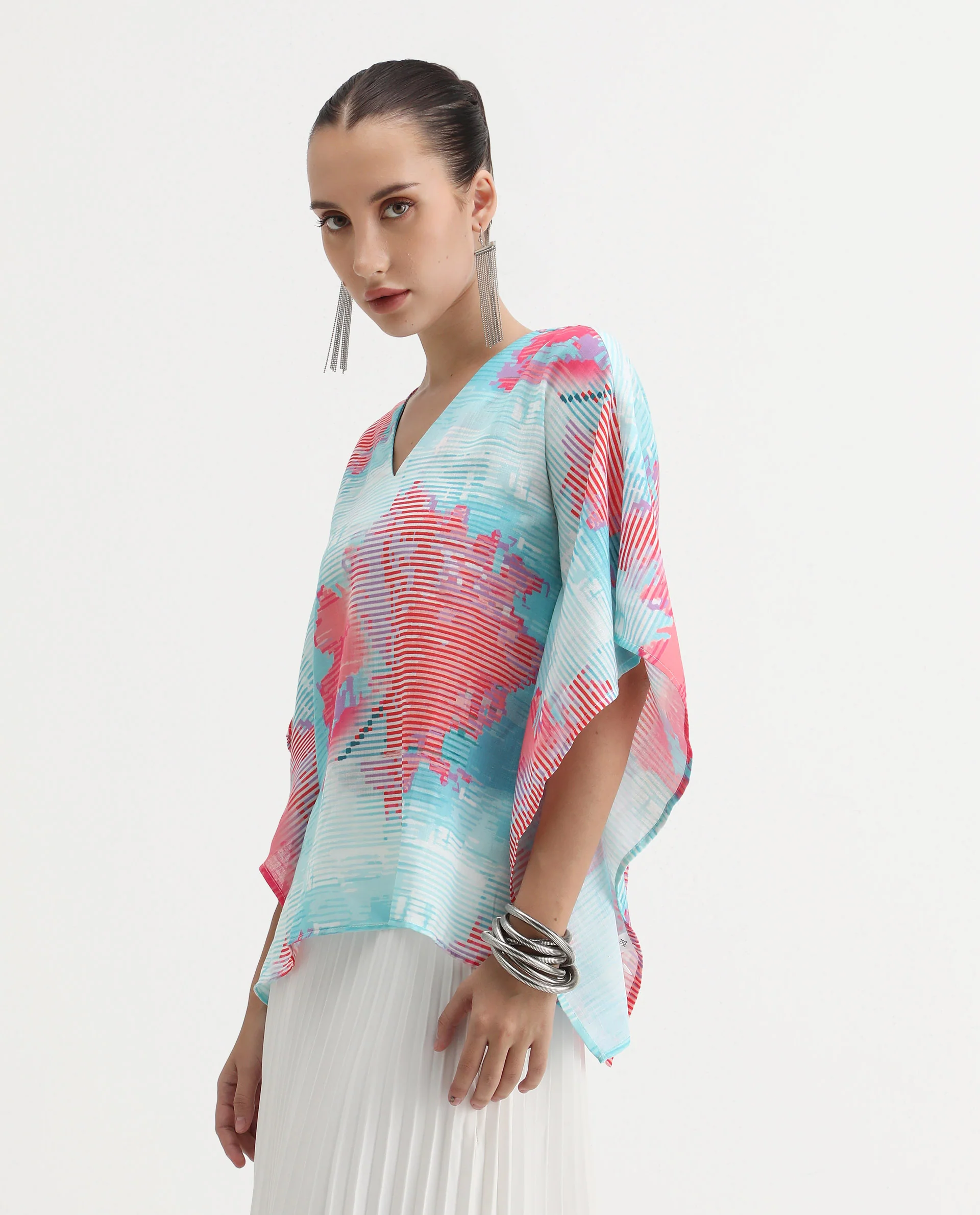 Rareism Women's Arial Light Linen V-Neck Abstract Print Kimono Sleeve Relaxed Fit Top - Image 7