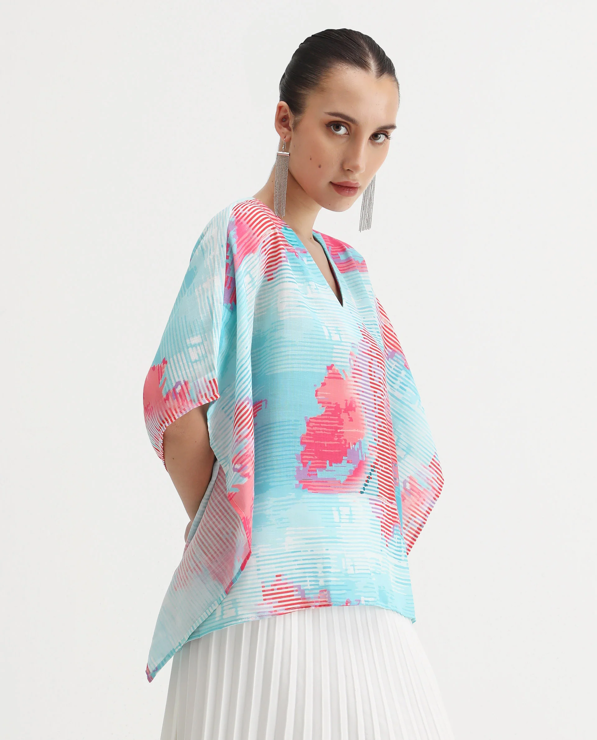 Rareism Women's Arial Light Linen V-Neck Abstract Print Kimono Sleeve Relaxed Fit Top - Image 8