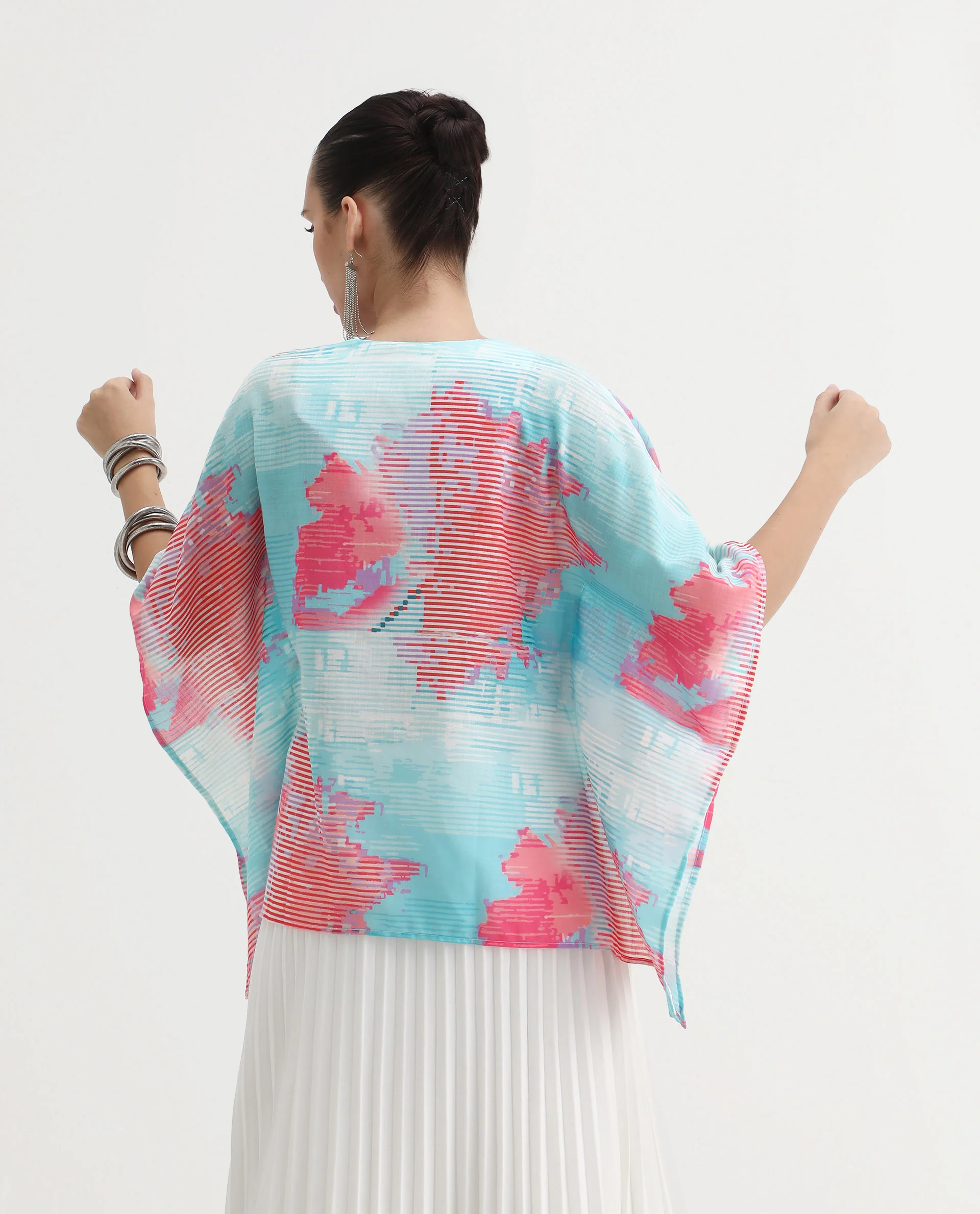 Rareism Women's Arial Light Linen V-Neck Abstract Print Kimono Sleeve Relaxed Fit Top - Image 9