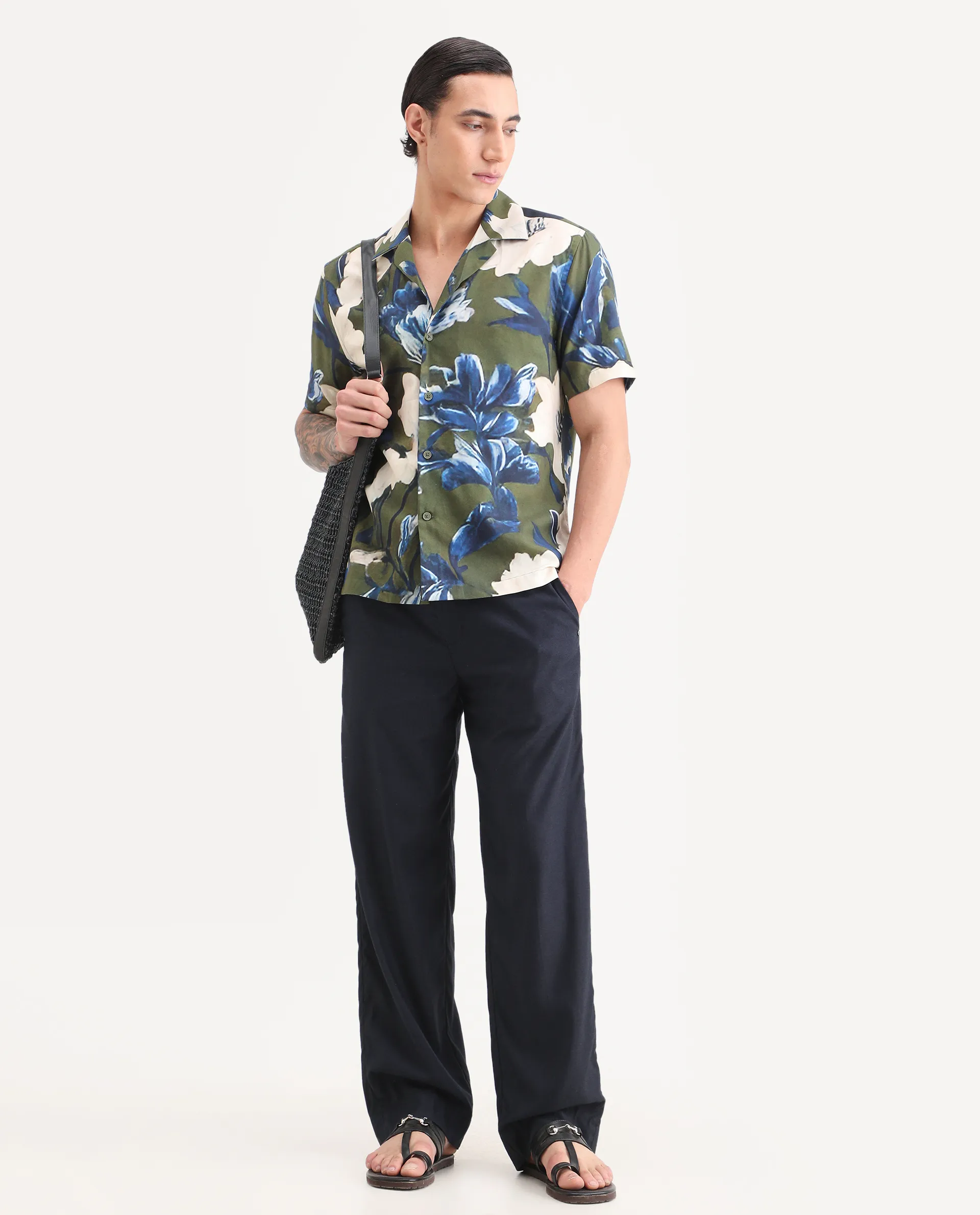 Rare Rabbit Men's Aric Green Cotton Blend Fabric Half Sleeve Cuban Collar Regular Fit Tropical Print Shirt - Image 2