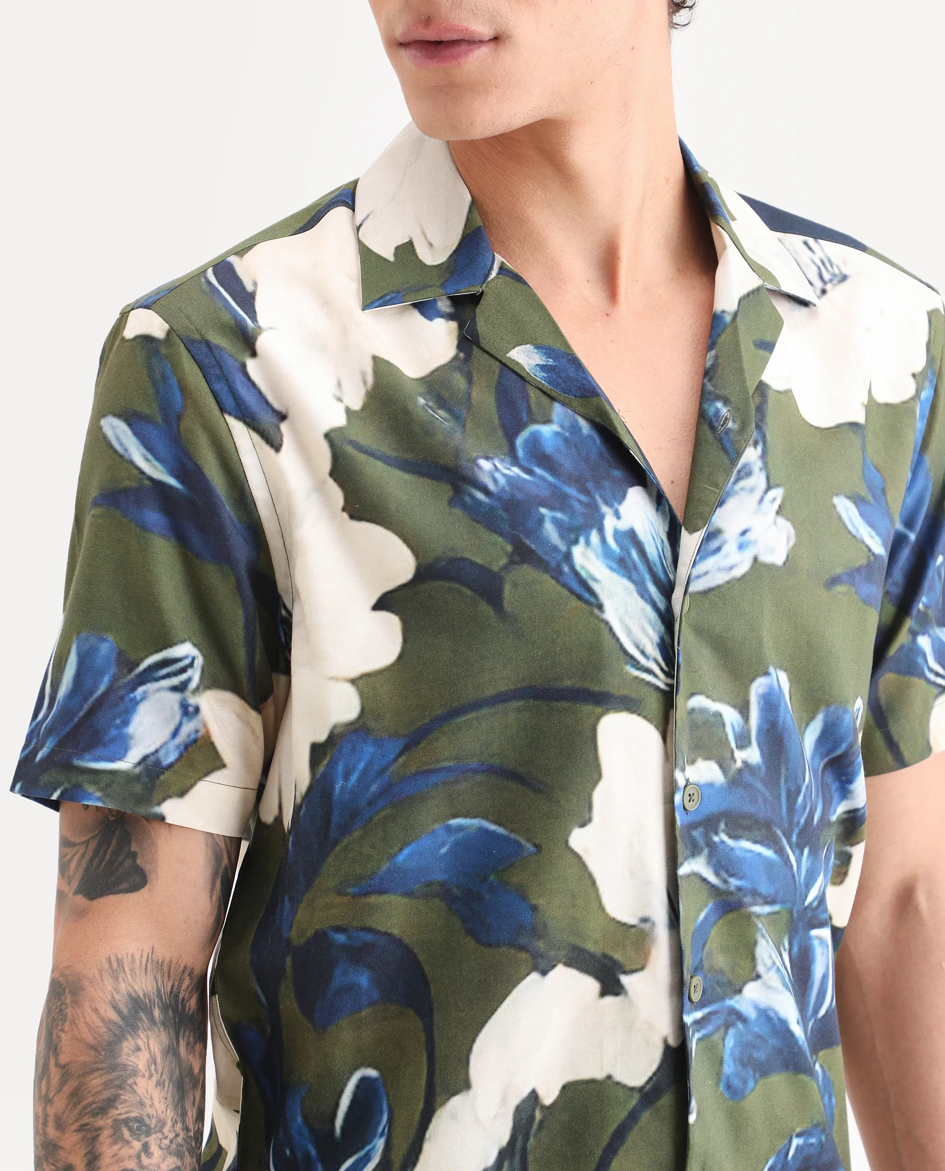 Rare Rabbit Men's Aric Green Cotton Blend Fabric Half Sleeve Cuban Collar Regular Fit Tropical Print Shirt - Image 3