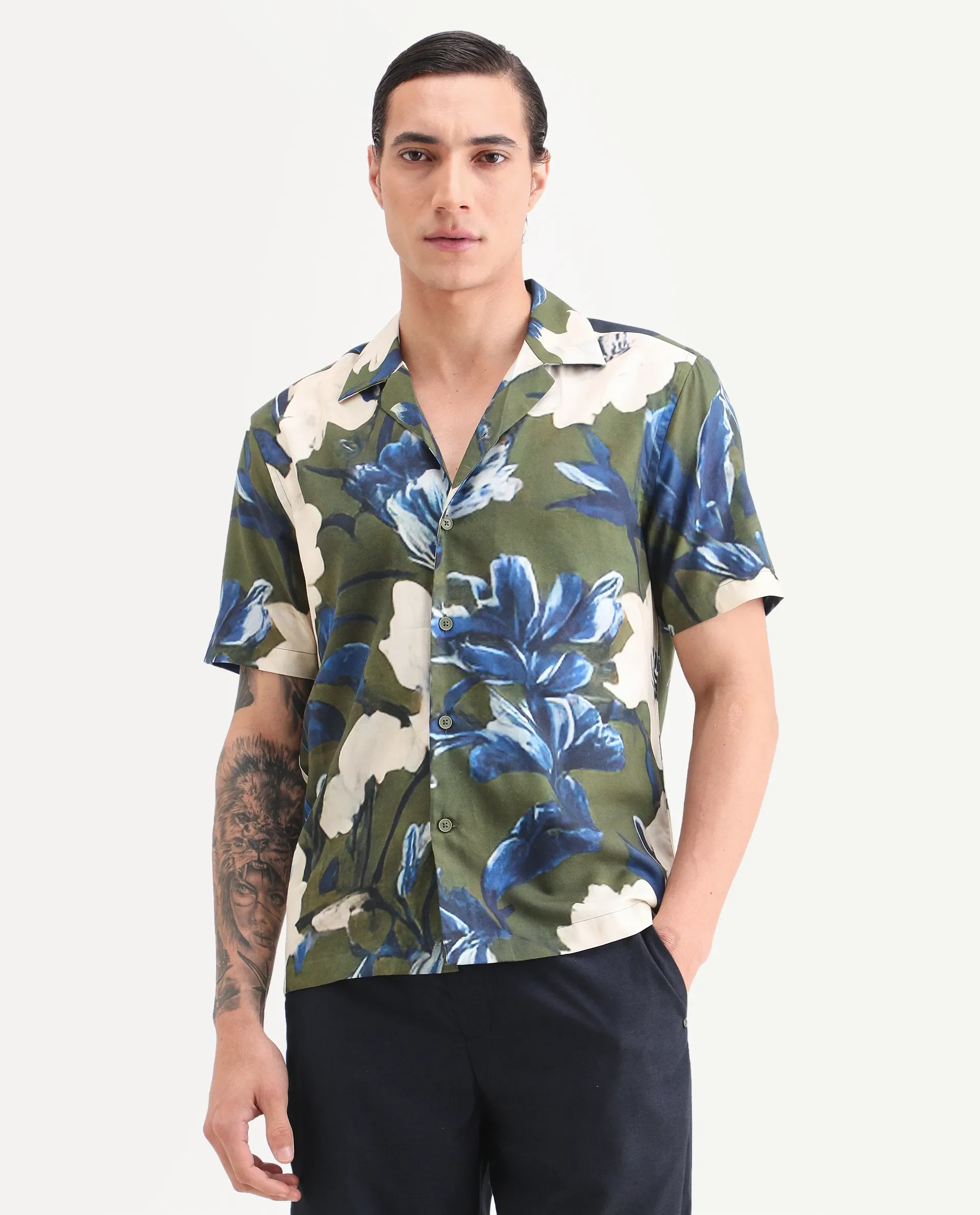Rare Rabbit Men's Aric Green Cotton Blend Fabric Half Sleeve Cuban Collar Regular Fit Tropical Print Shirt - Image 4