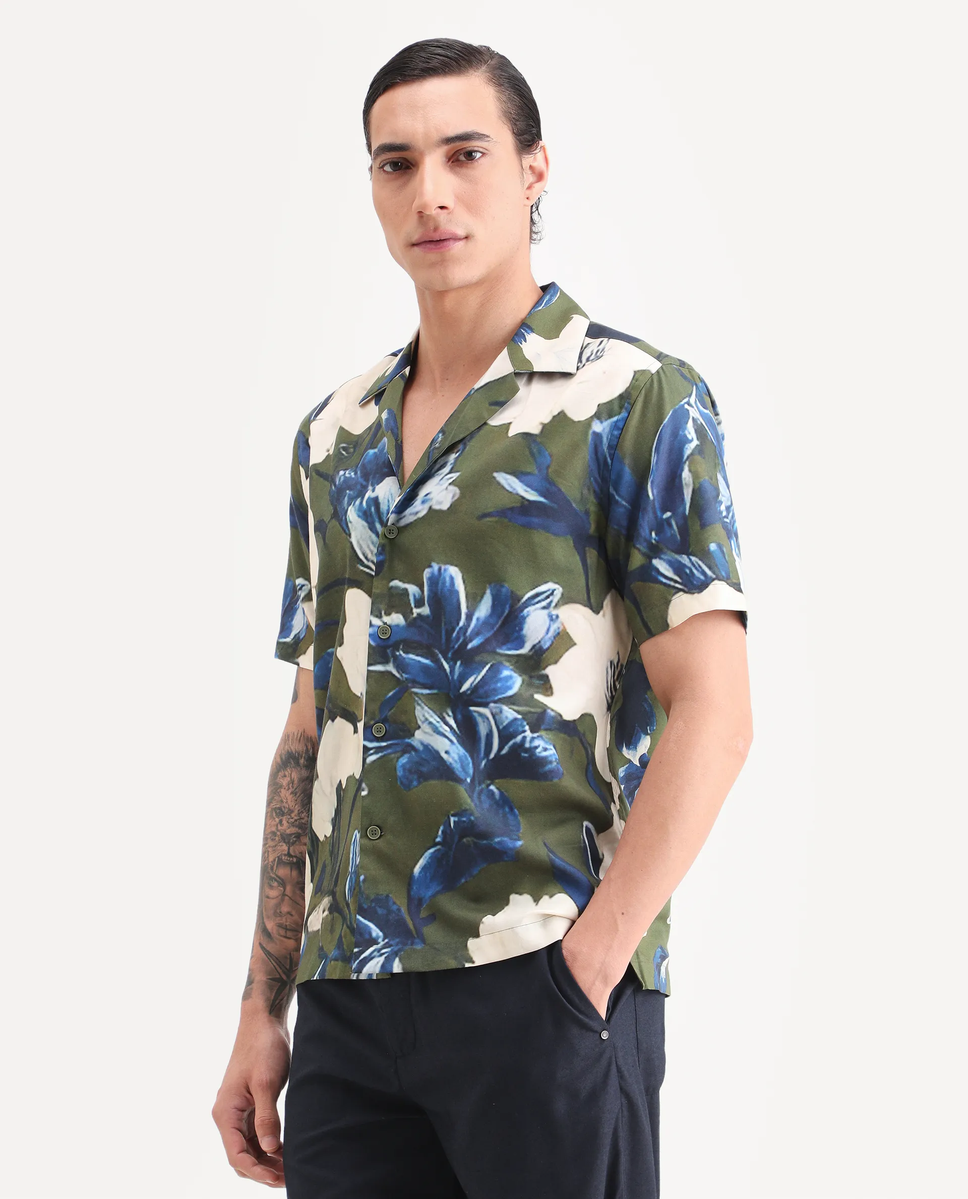 Rare Rabbit Men's Aric Green Cotton Blend Fabric Half Sleeve Cuban Collar Regular Fit Tropical Print Shirt - Image 5