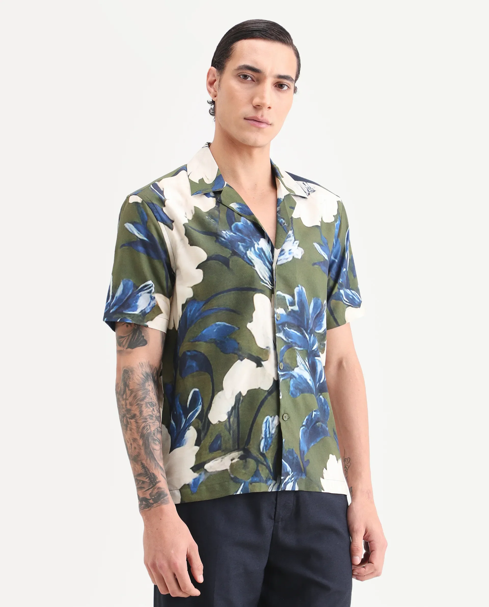 Rare Rabbit Men's Aric Green Cotton Blend Fabric Half Sleeve Cuban Collar Regular Fit Tropical Print Shirt - Image 6