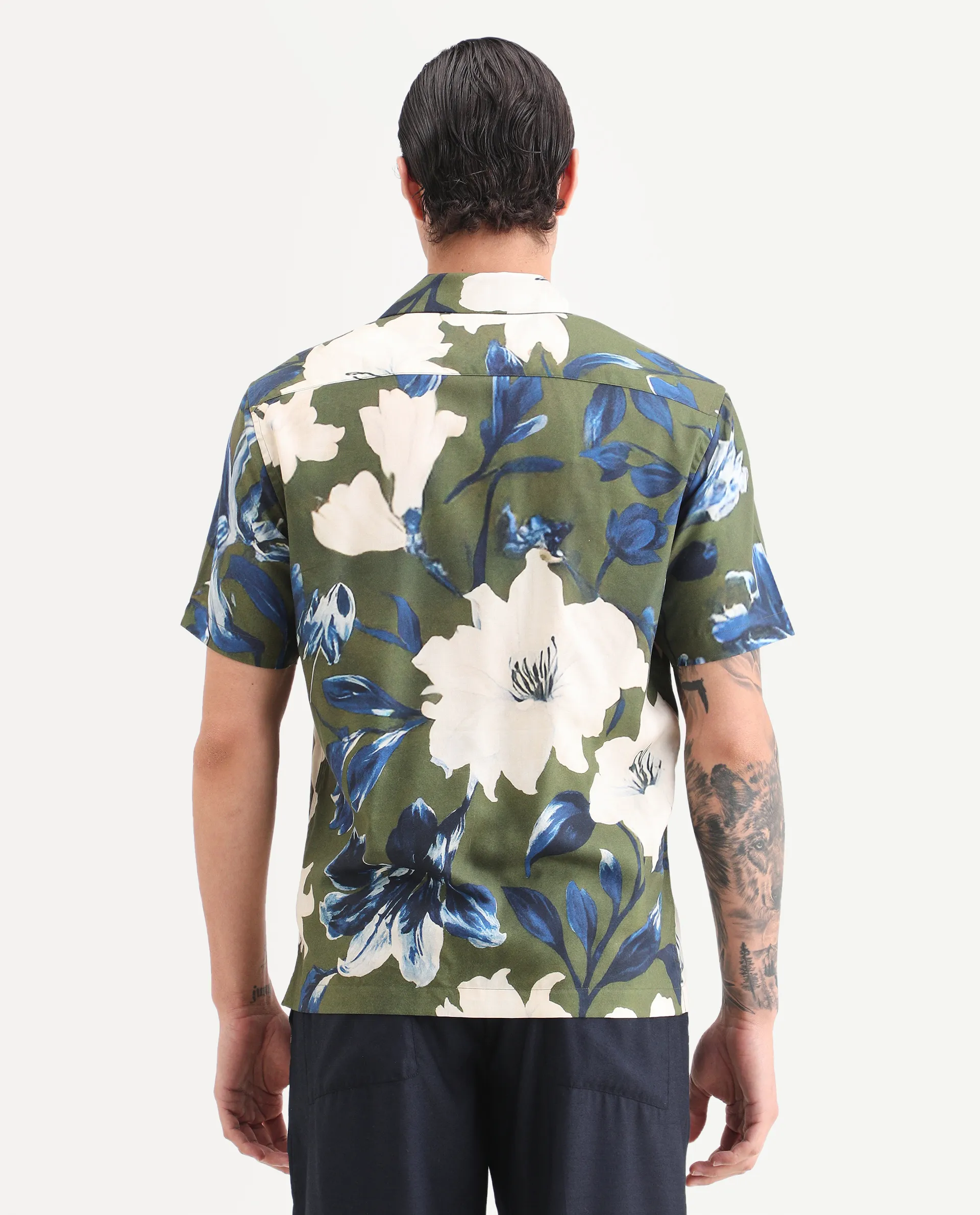 Rare Rabbit Men's Aric Green Cotton Blend Fabric Half Sleeve Cuban Collar Regular Fit Tropical Print Shirt - Image 7