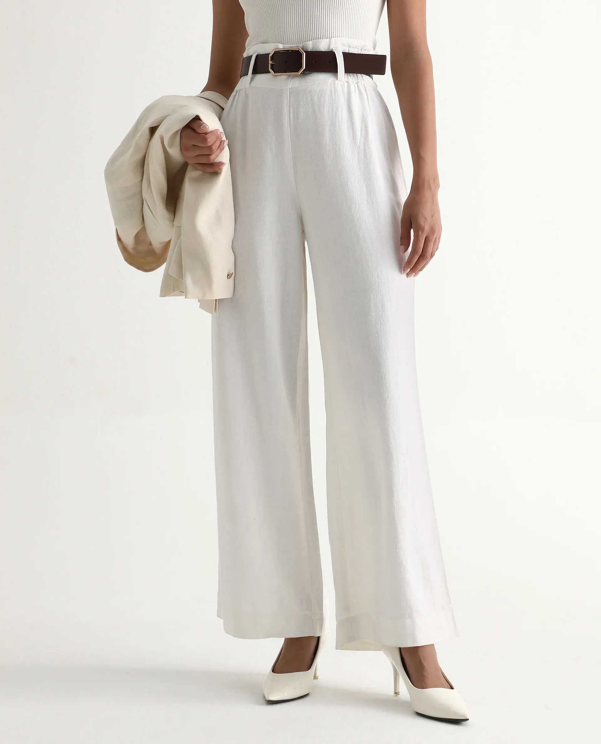 Rareism Women's Arid White Cotton Blend Plain Ankle Length Wide Trouser - Image 3