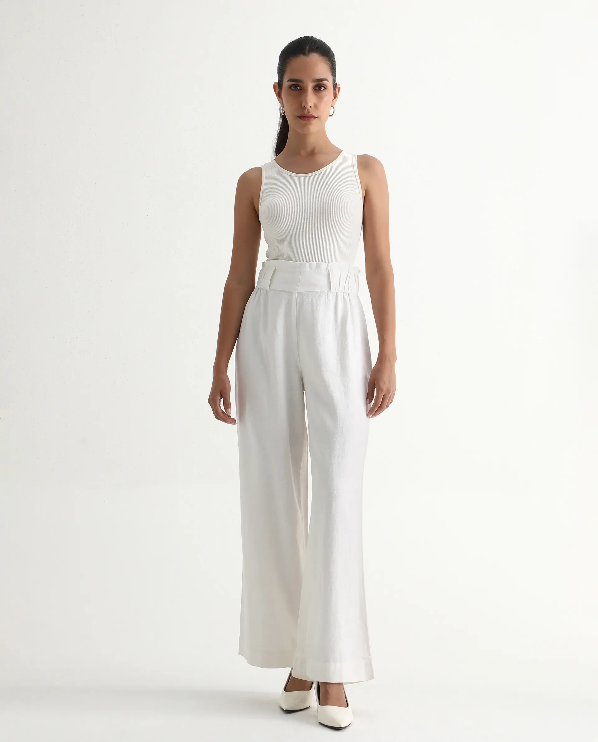 Rareism Women's Arid White Cotton Blend Plain Ankle Length Wide Trouser - Image 8
