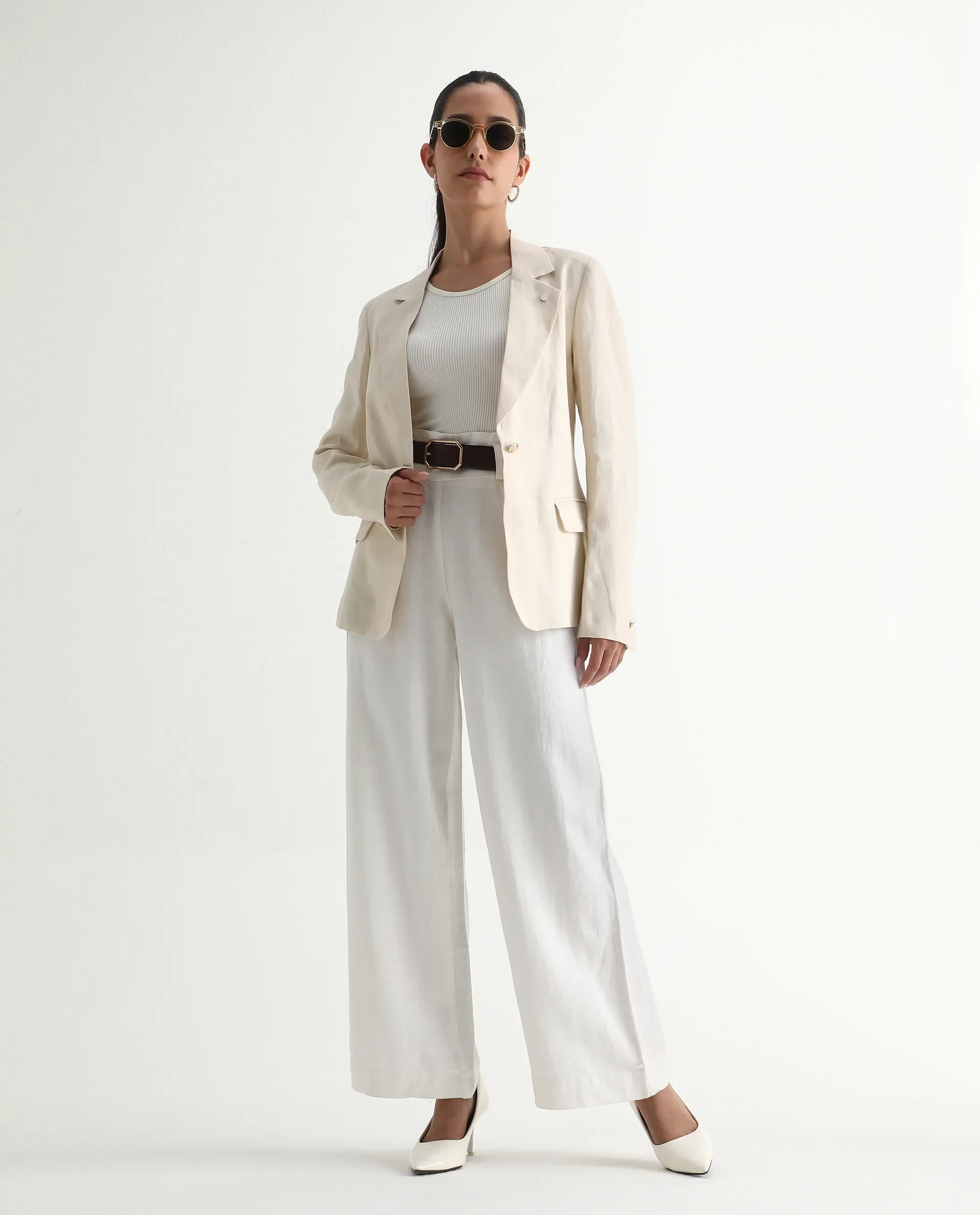 Rareism Women's Arid White Cotton Blend Plain Ankle Length Wide Trouser - Image 9