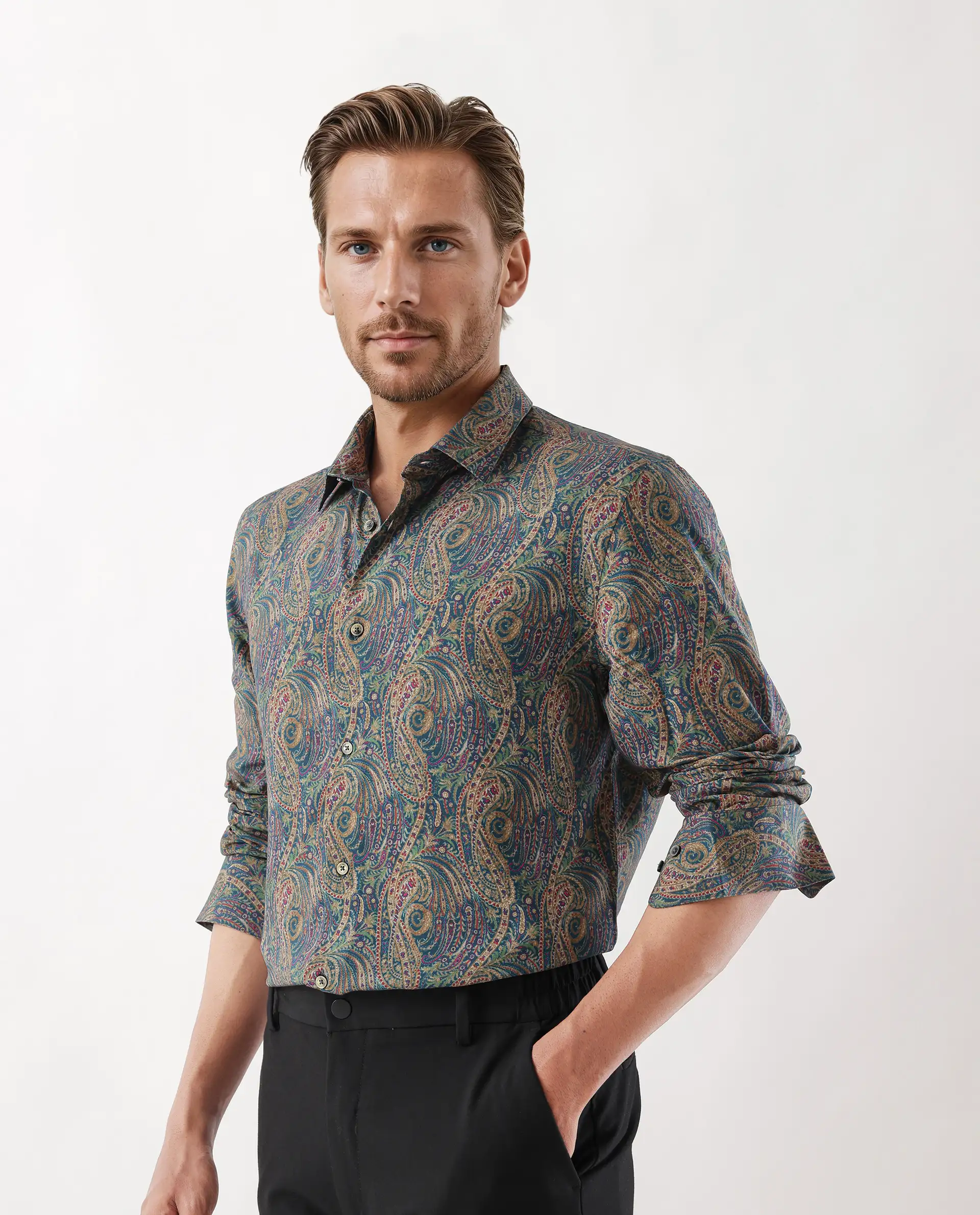 Rare Rabbit Men's Arieal Blue Viscose Blend Paisley Print Regular Fit Full Sleeve Collared Shirt - Image 2