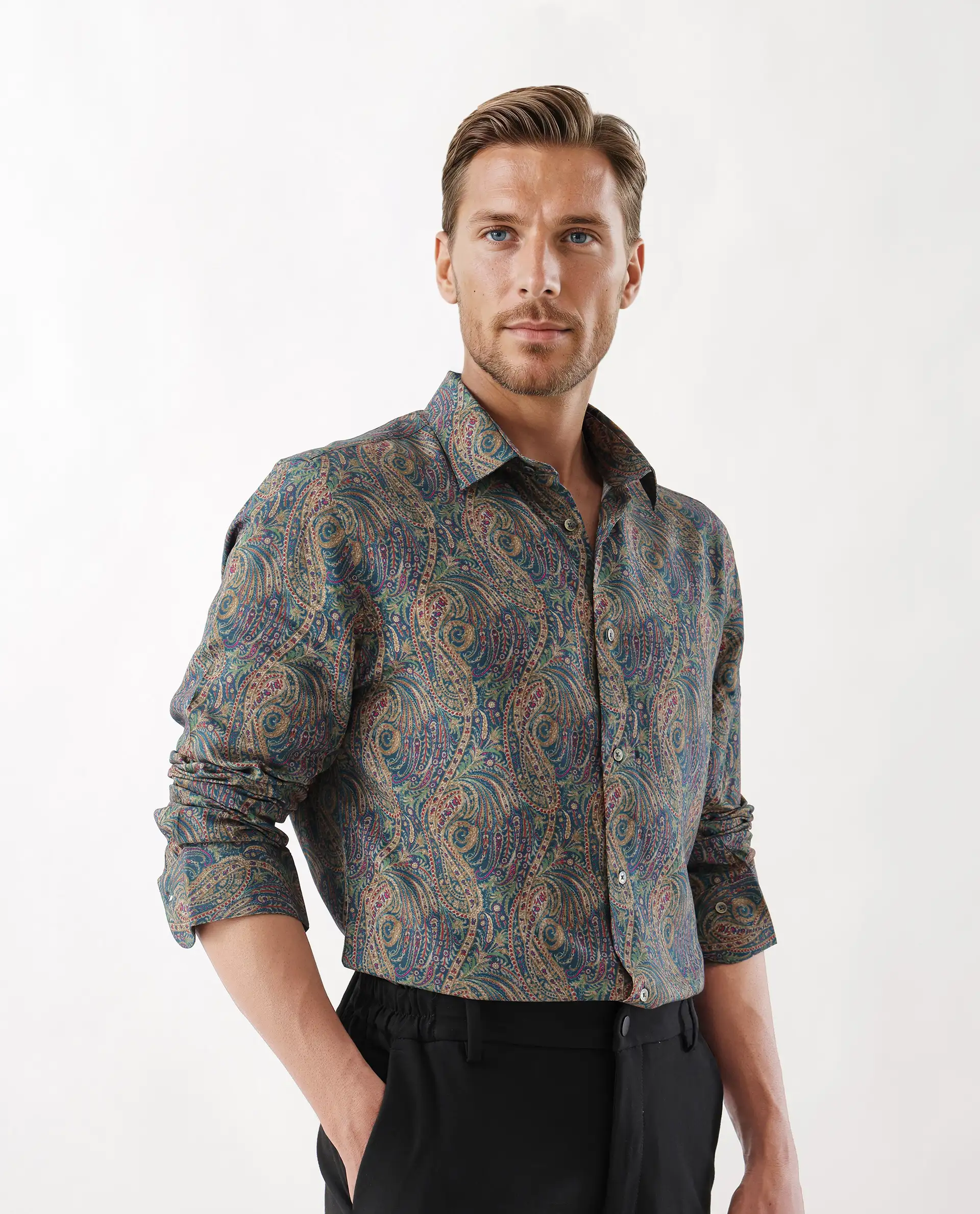 Rare Rabbit Men's Arieal Blue Viscose Blend Paisley Print Regular Fit Full Sleeve Collared Shirt - Image 3
