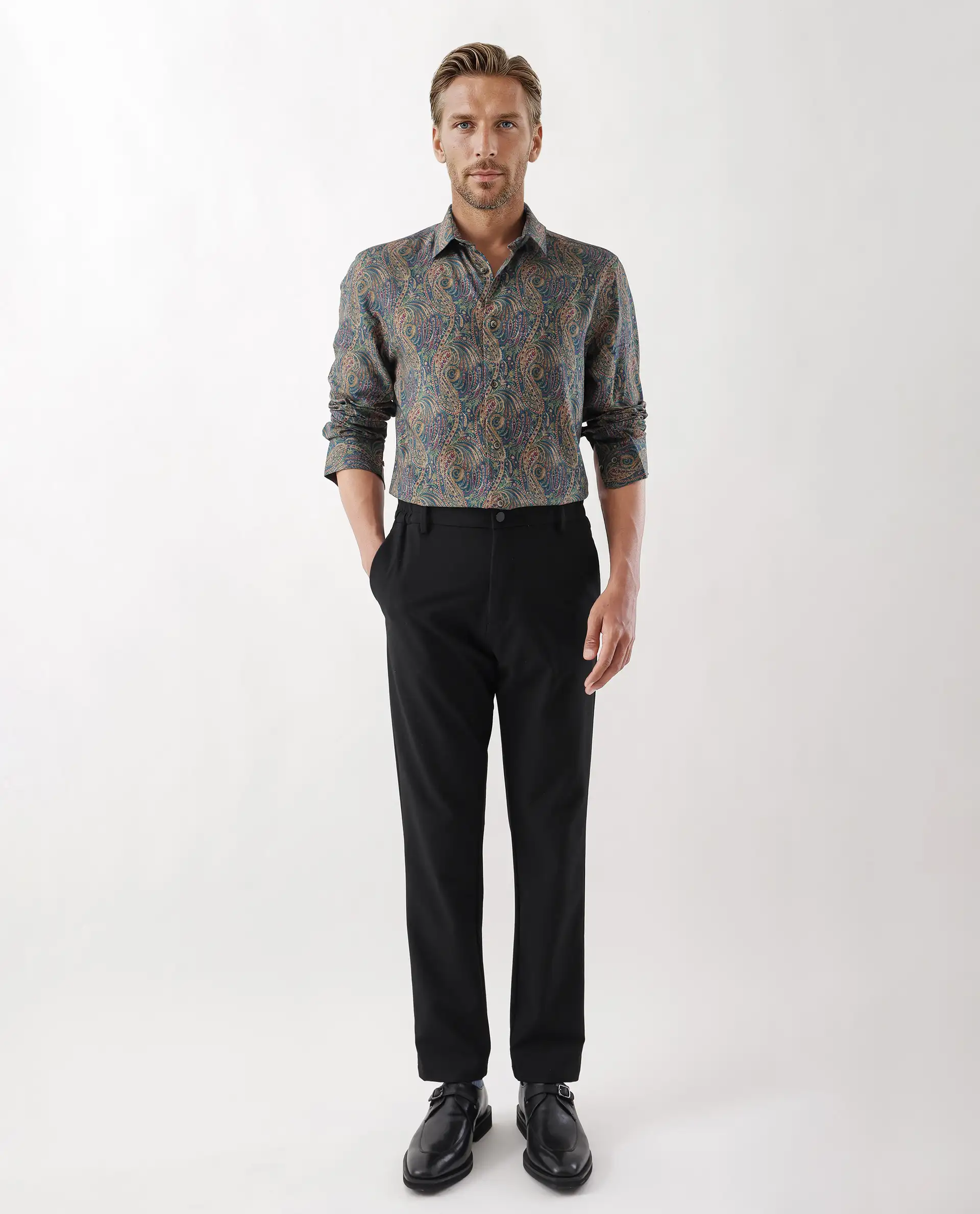 Rare Rabbit Men's Arieal Blue Viscose Blend Paisley Print Regular Fit Full Sleeve Collared Shirt - Image 4
