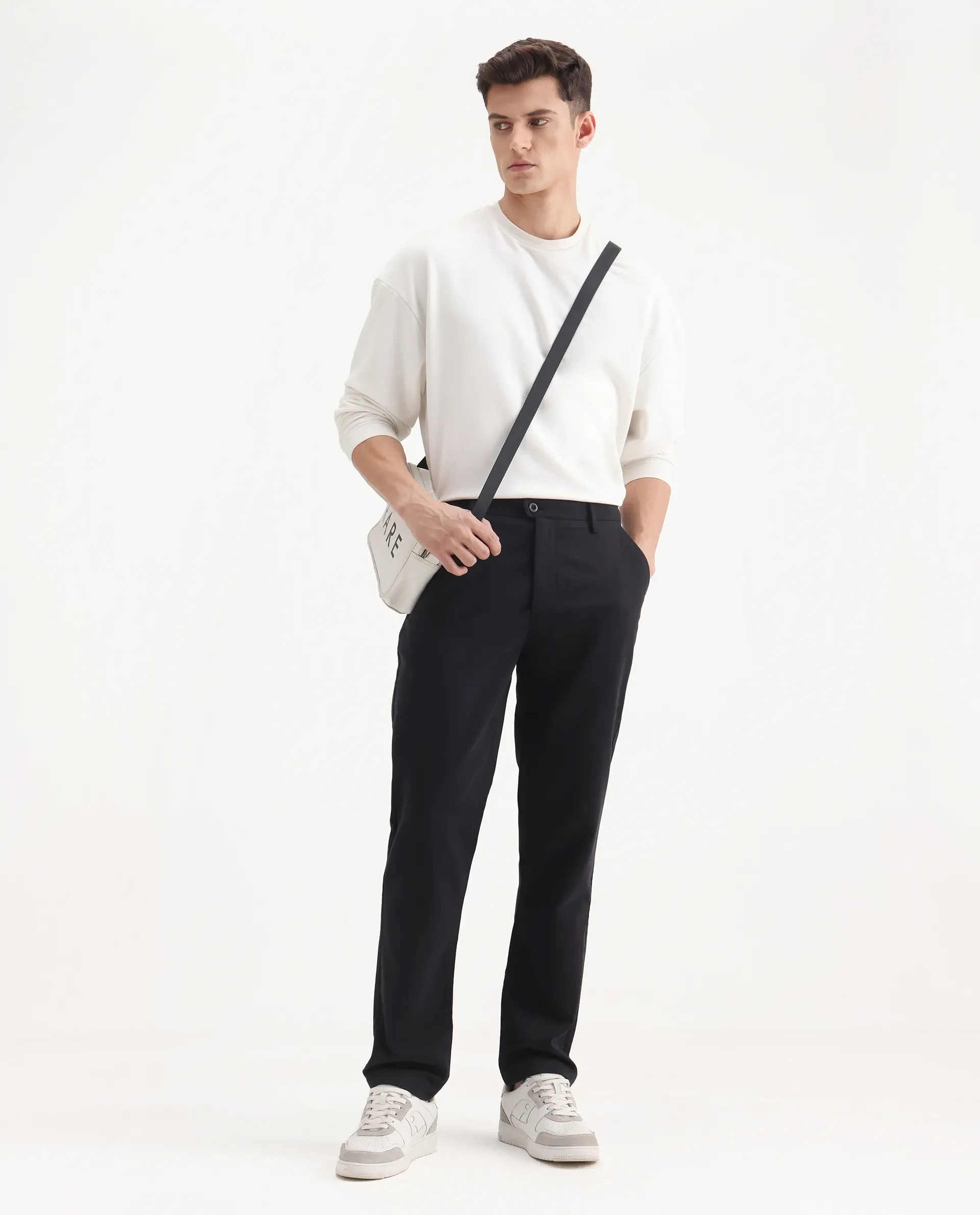 Rare Rabbit Men's Aries Black Cotton Blend Plain Regular Fit Trouser
