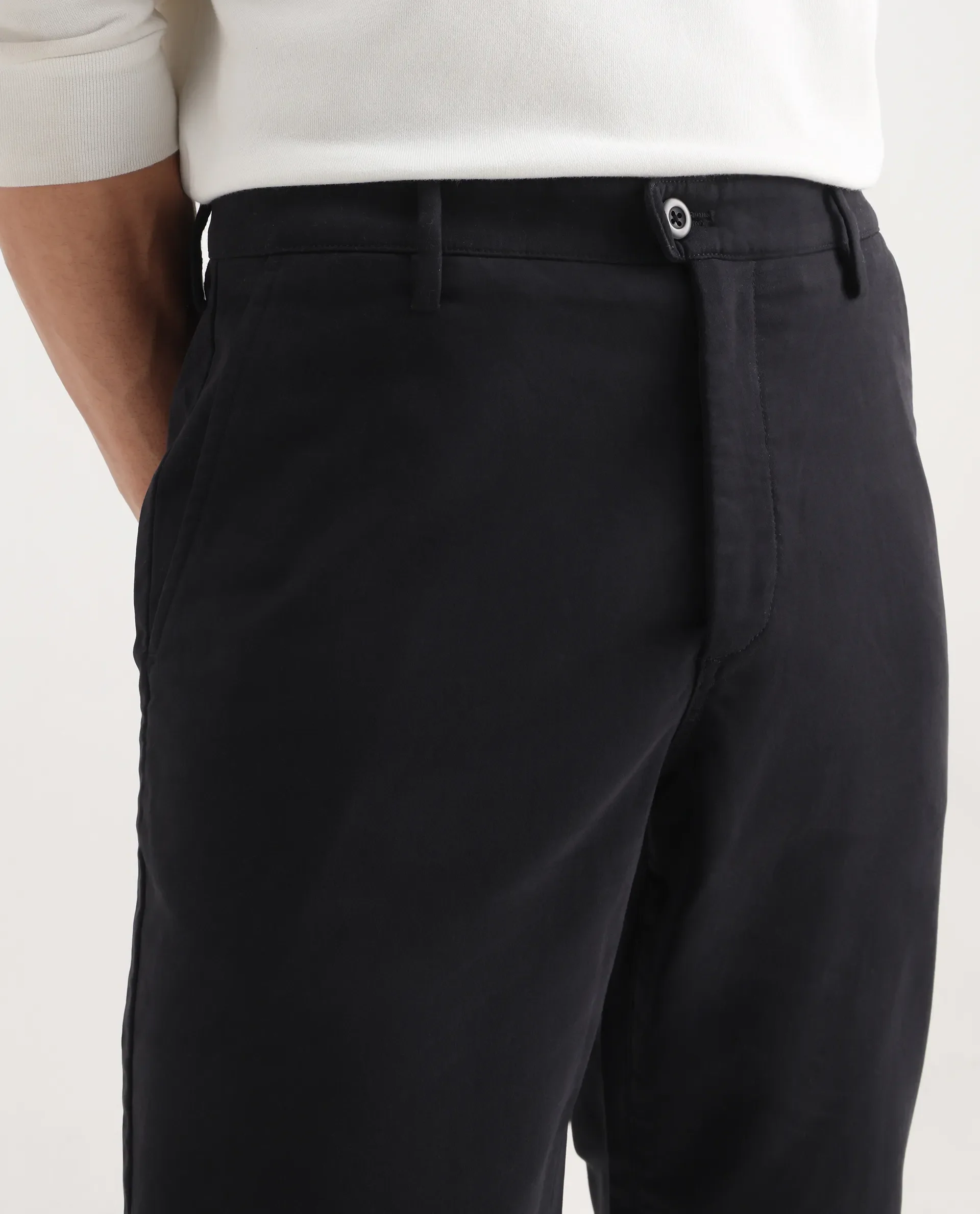 Rare Rabbit Men's Aries Black Cotton Blend Plain Regular Fit Trouser - Image 4