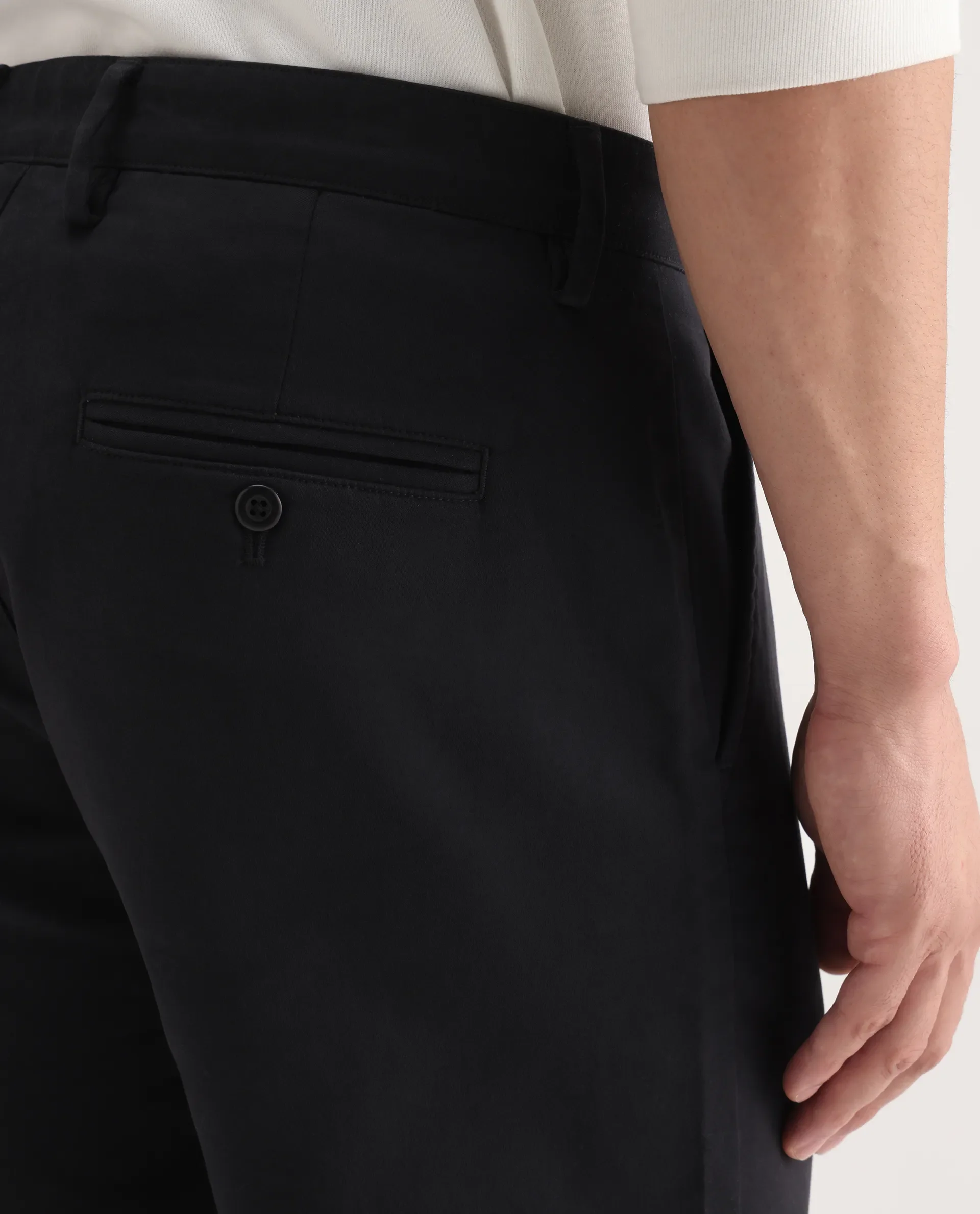 Rare Rabbit Men's Aries Black Cotton Blend Plain Regular Fit Trouser - Image 8