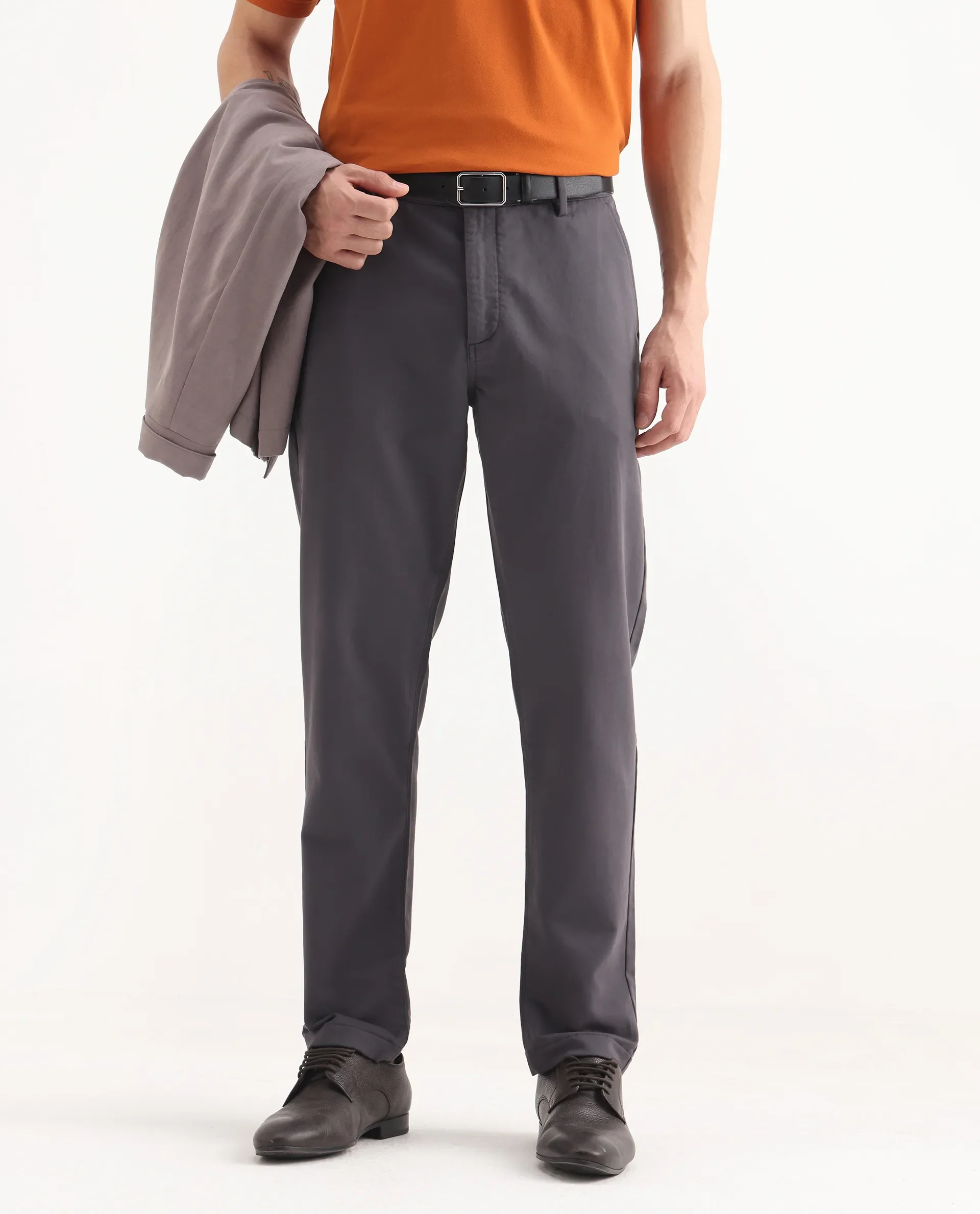 Rare Rabbit Men's Aries Dark Grey Cotton Blend Plain Regular Fit Trouser - Image 2