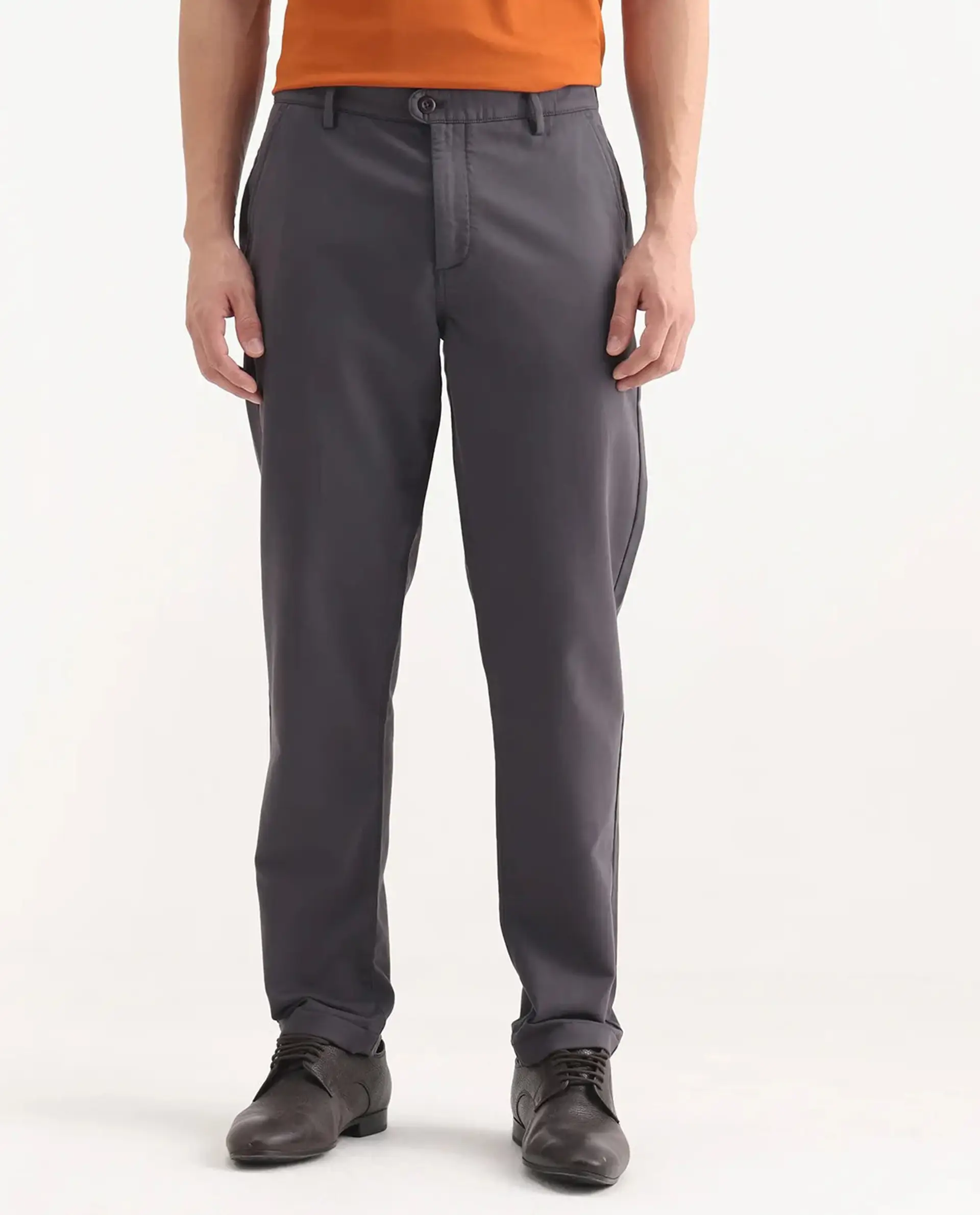 Rare Rabbit Men's Aries Dark Grey Cotton Blend Plain Regular Fit Trouser - Image 9