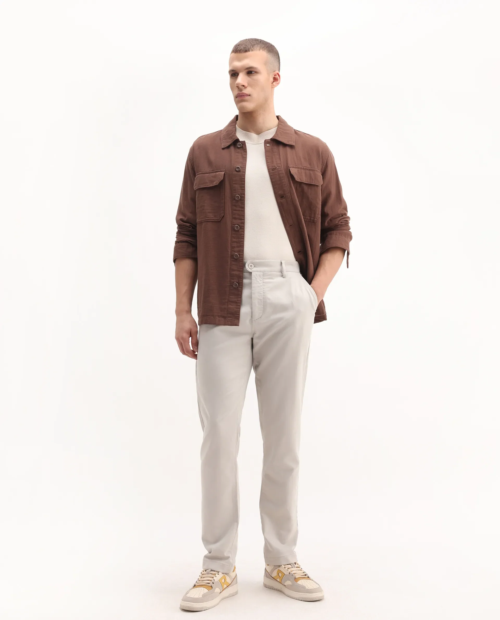 Rare Rabbit Men's Aries Light Grey Cotton Blend Plain Regular Fit Trouser