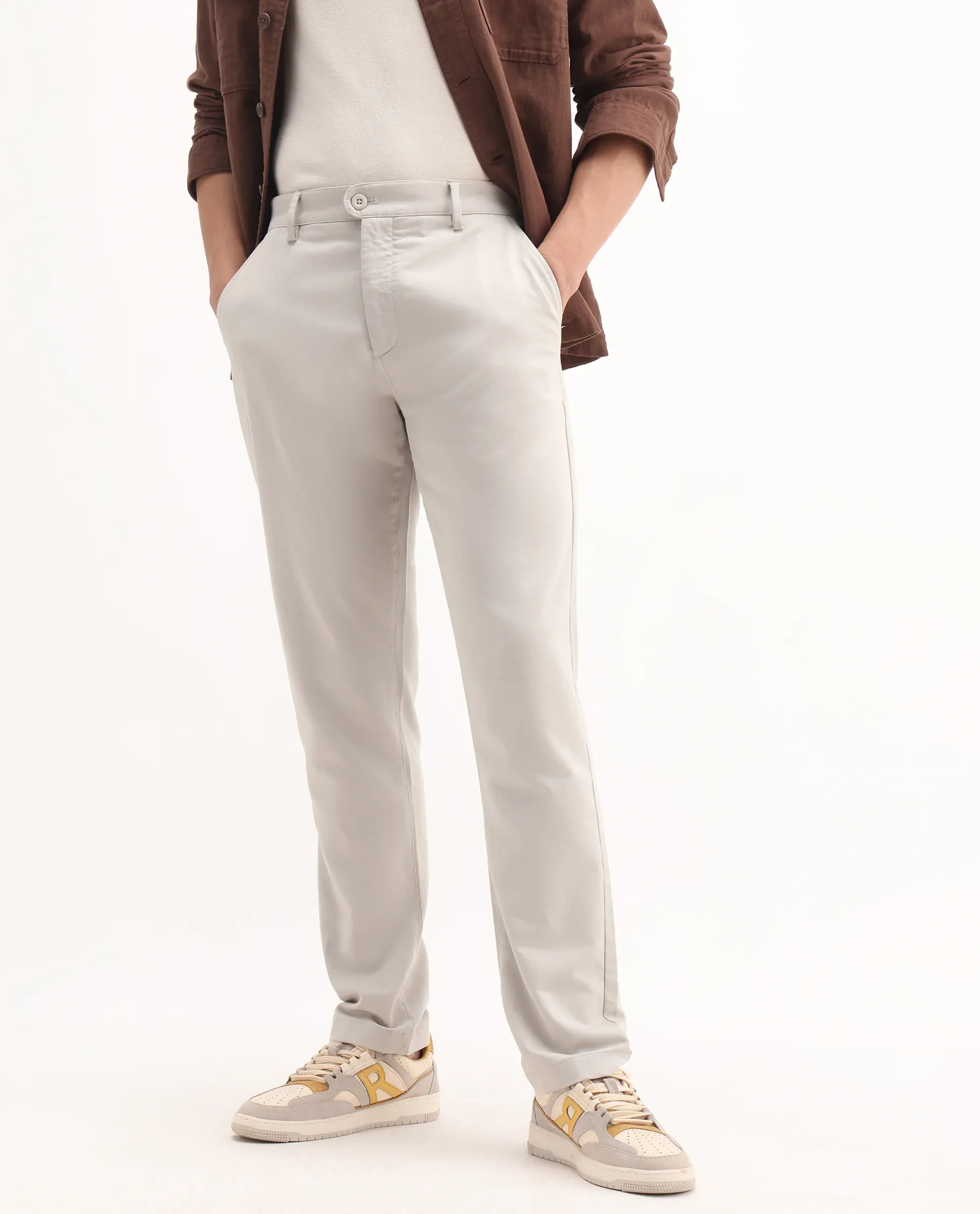 Rare Rabbit Men's Aries Light Grey Cotton Blend Plain Regular Fit Trouser - Image 2