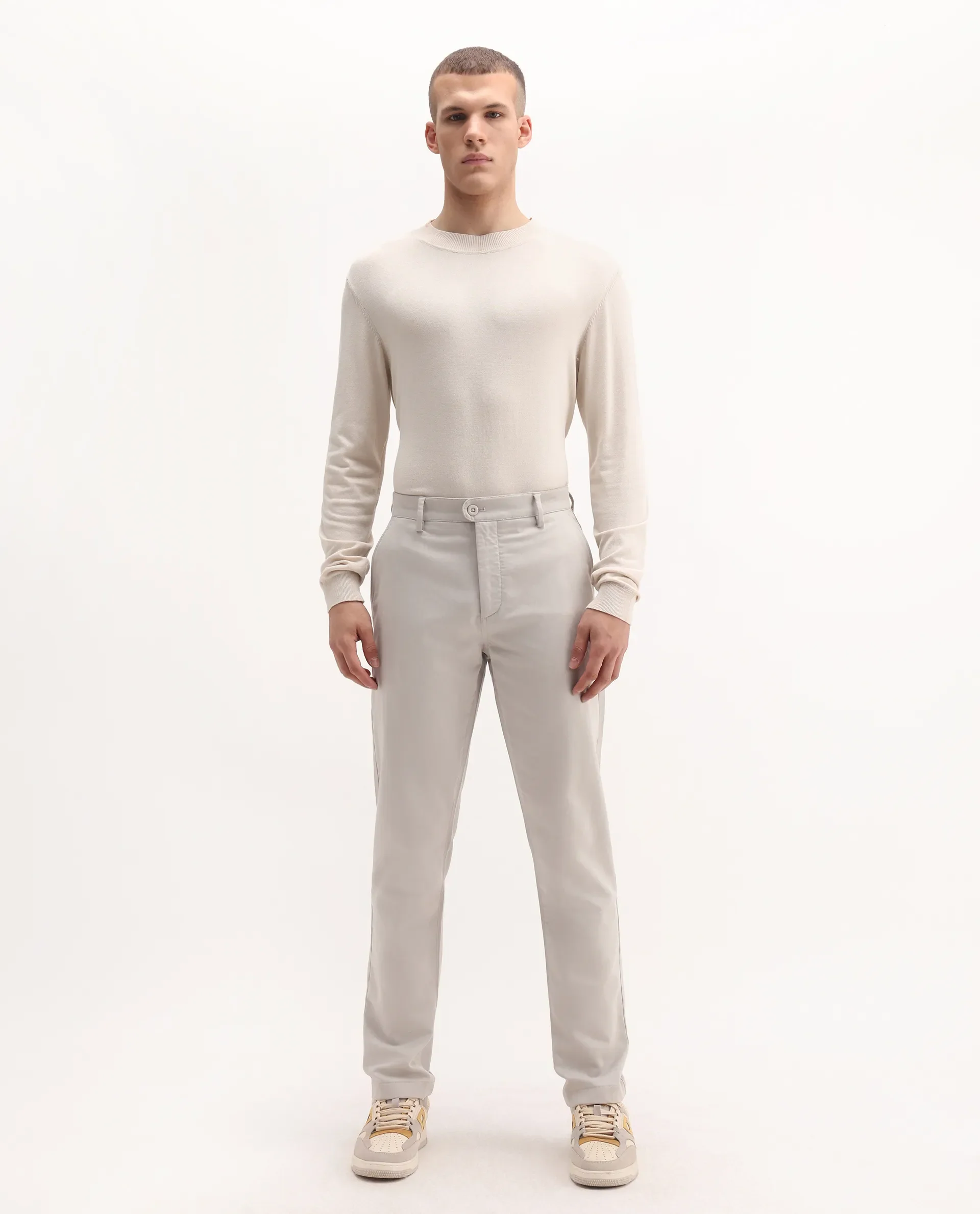 Rare Rabbit Men's Aries Light Grey Cotton Blend Plain Regular Fit Trouser - Image 4