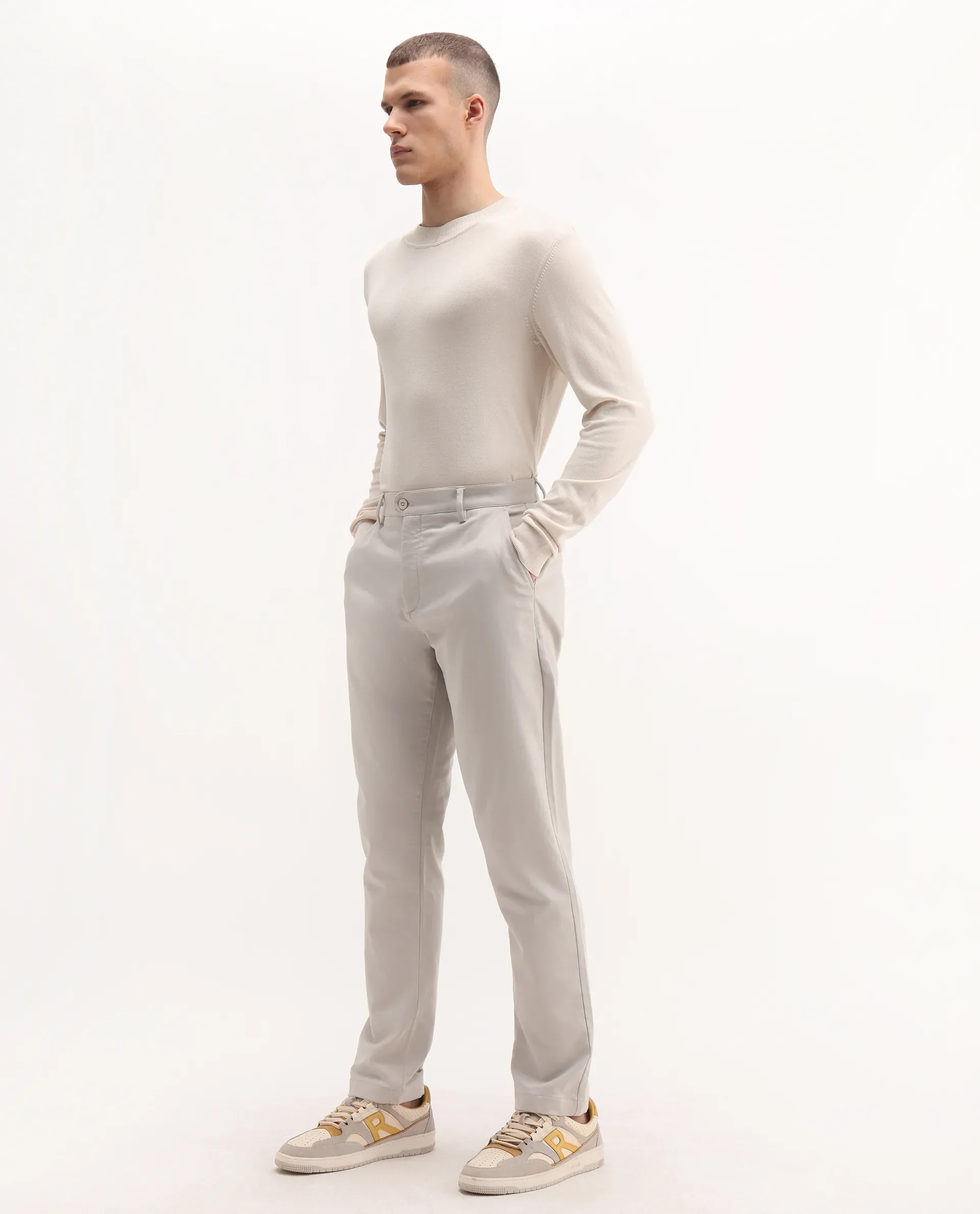Rare Rabbit Men's Aries Light Grey Cotton Blend Plain Regular Fit Trouser - Image 5