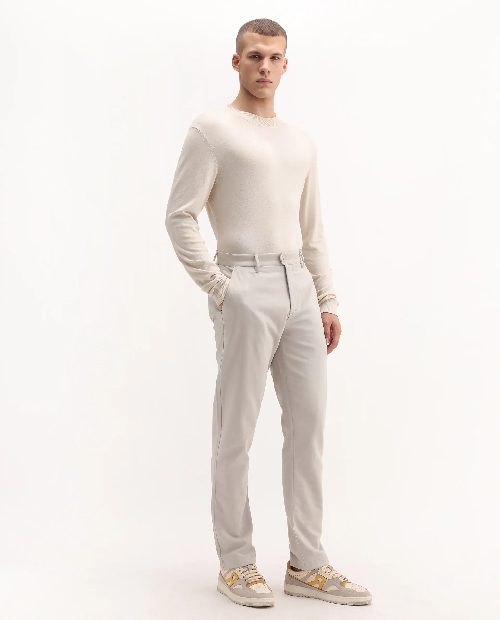 Rare Rabbit Men's Aries Light Grey Cotton Blend Plain Regular Fit Trouser - Image 6