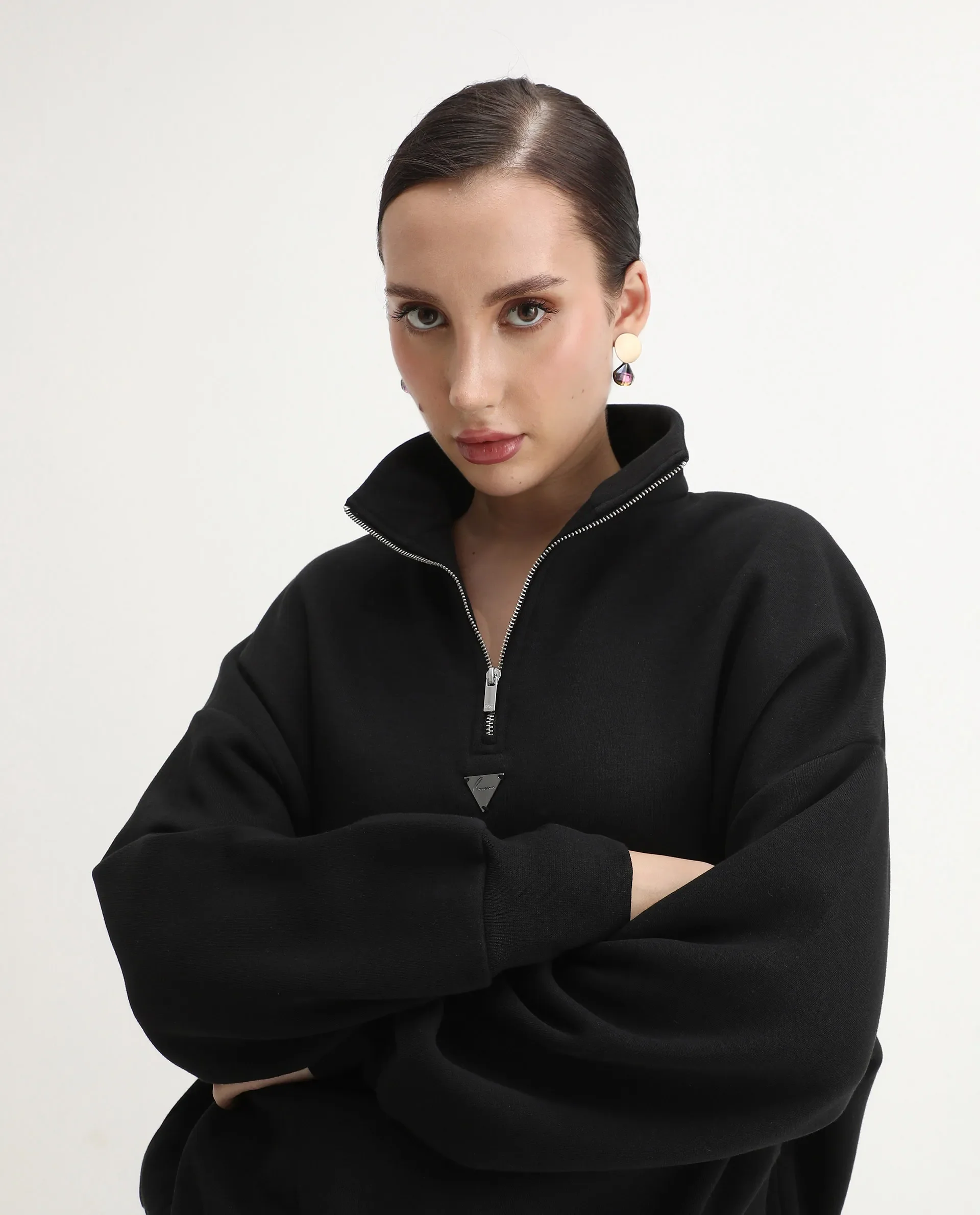 Rareism Women's Ario Black Cotton Blend Fabric Spread Collar Relaxed Fit Printed Sweatshirt - Image 5