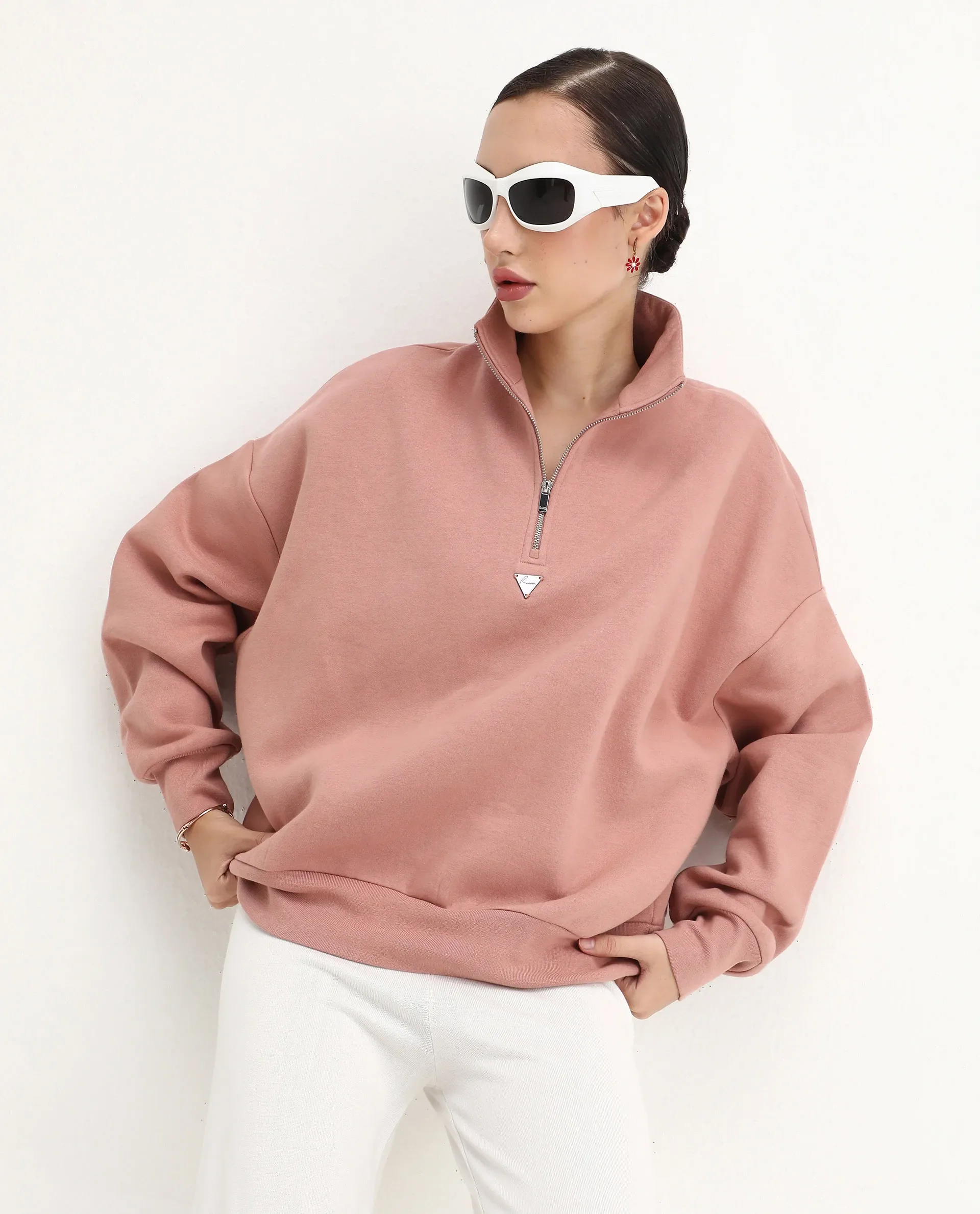 Rareism Women's Ario Dark Beige Cotton Blend Spread Collar Relaxed Fit Printed Sweatshirt - Image 2