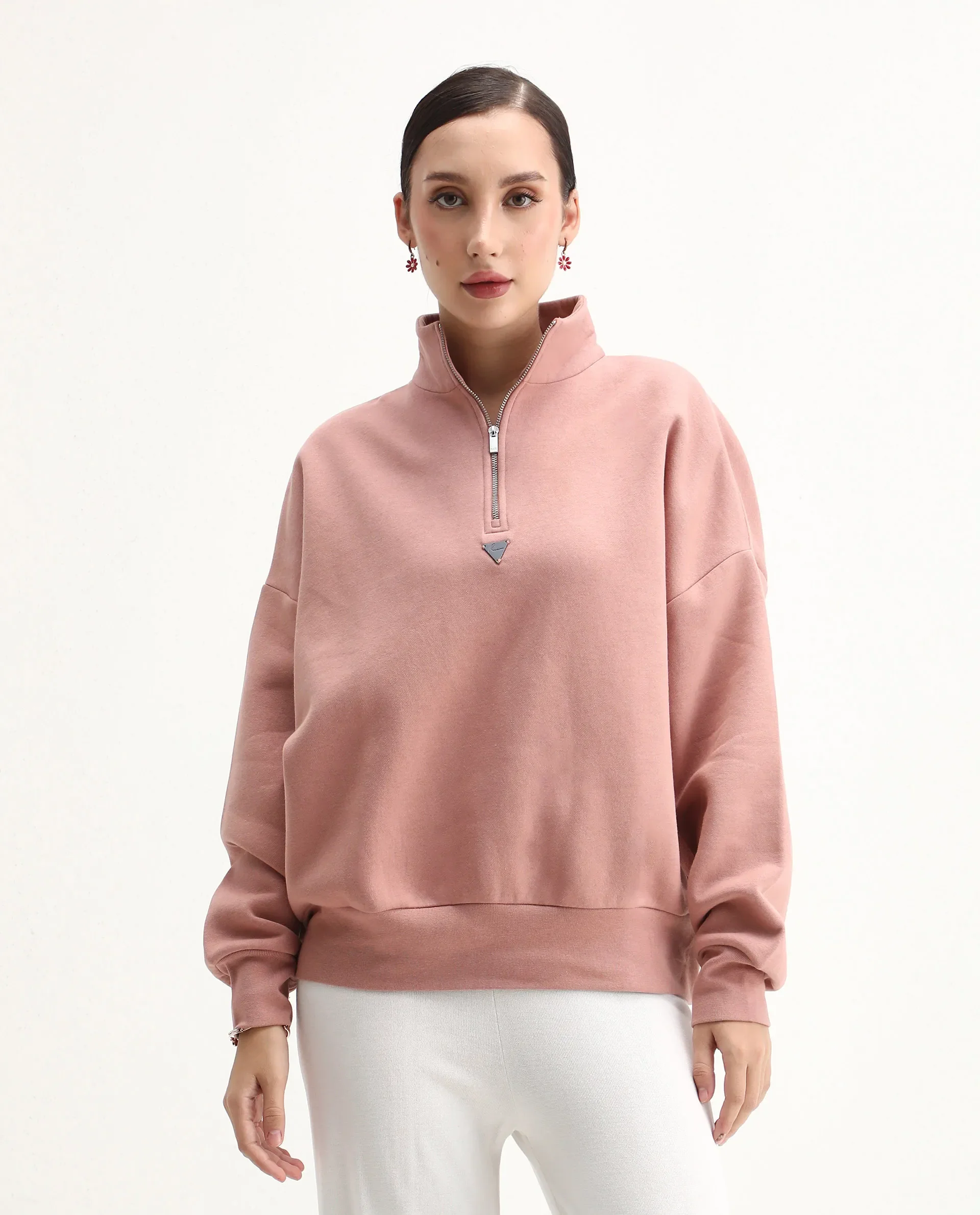 Rareism Women's Ario Dark Beige Cotton Blend Spread Collar Relaxed Fit Printed Sweatshirt - Image 3