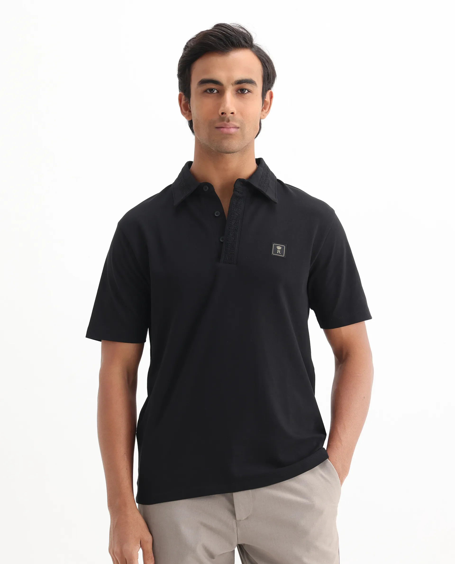 Rare Rabbit Men's Ariolo Black Cotton Blend Plain Regular Fit Half Sleeve Polo - Image 3