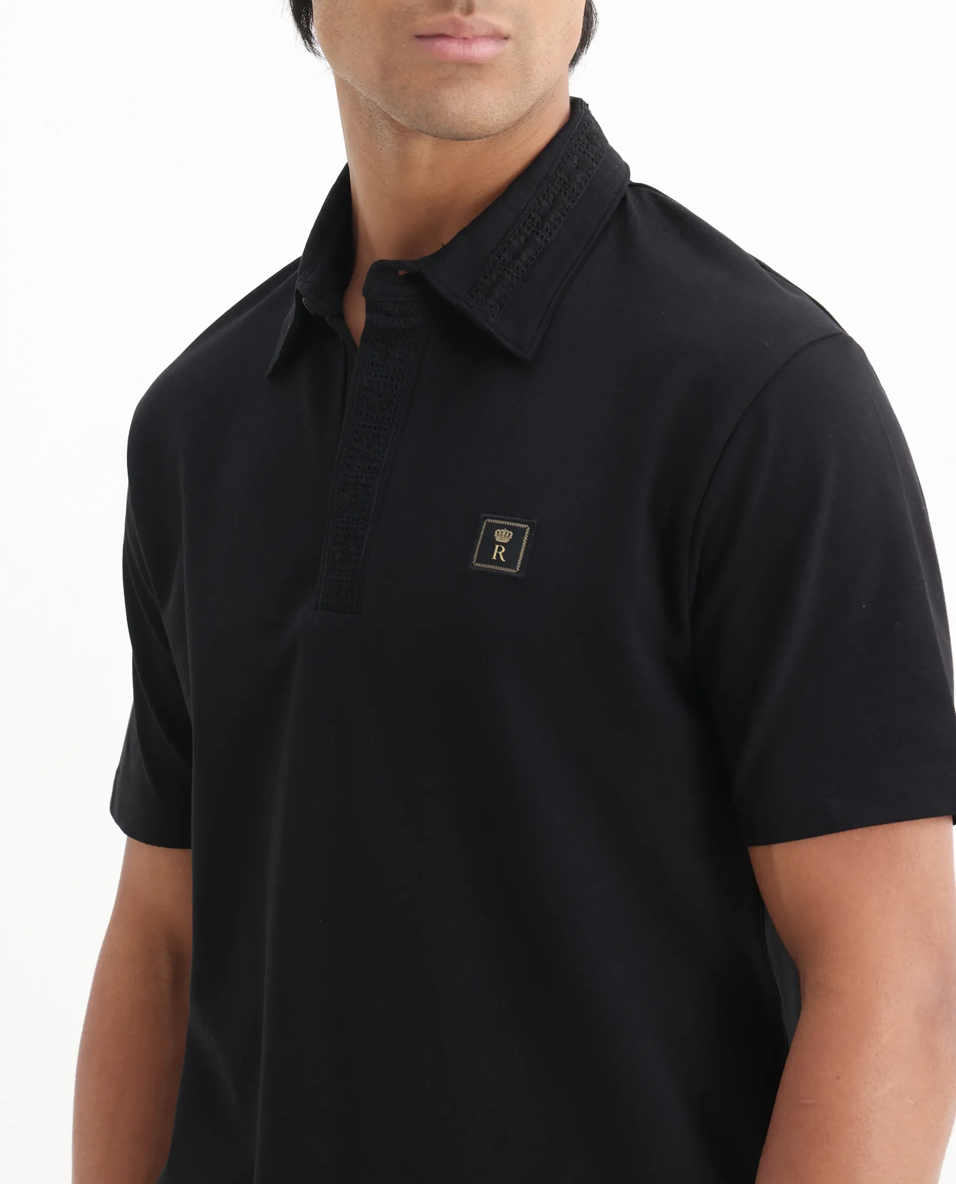 Rare Rabbit Men's Ariolo Black Cotton Blend Plain Regular Fit Half Sleeve Polo - Image 5