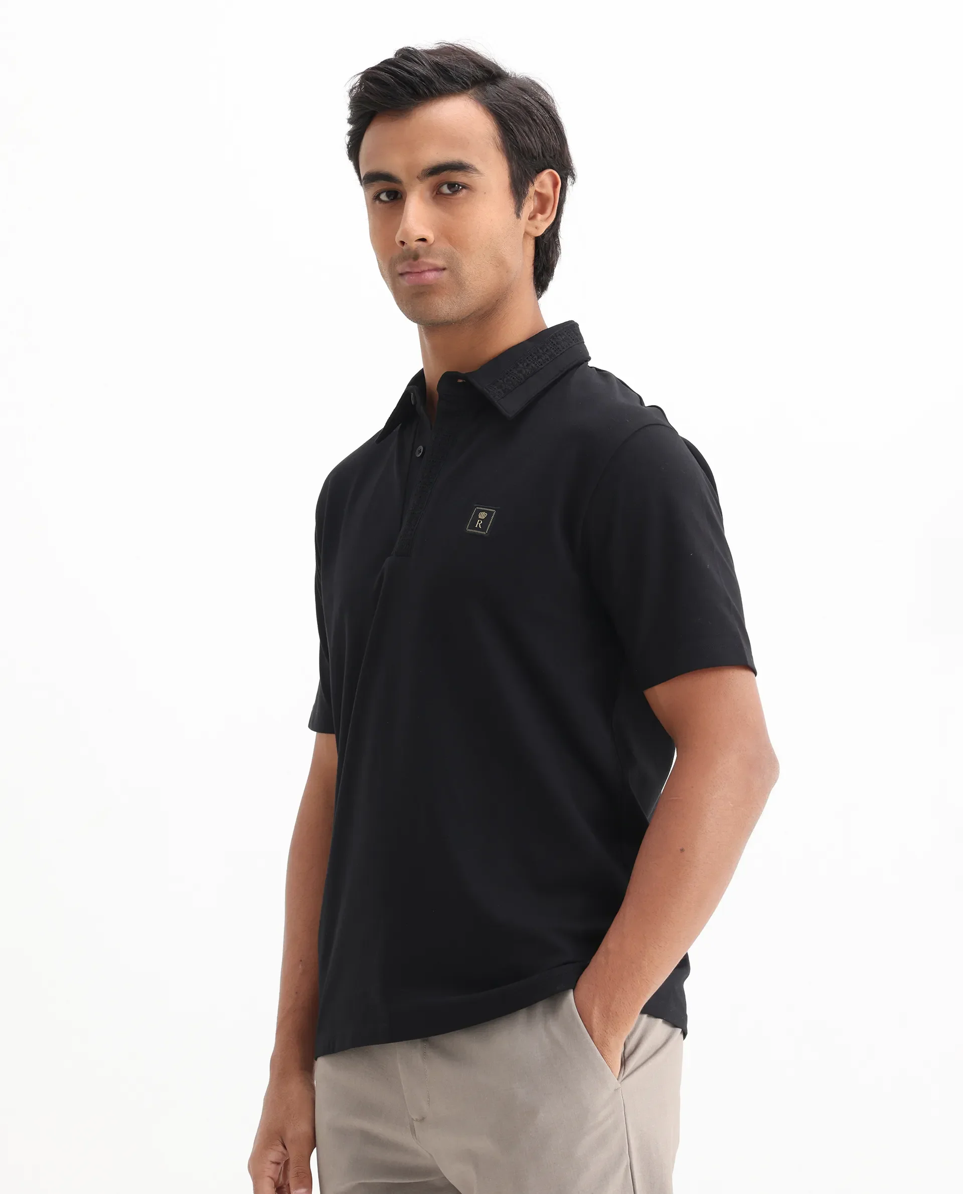 Rare Rabbit Men's Ariolo Black Cotton Blend Plain Regular Fit Half Sleeve Polo - Image 7
