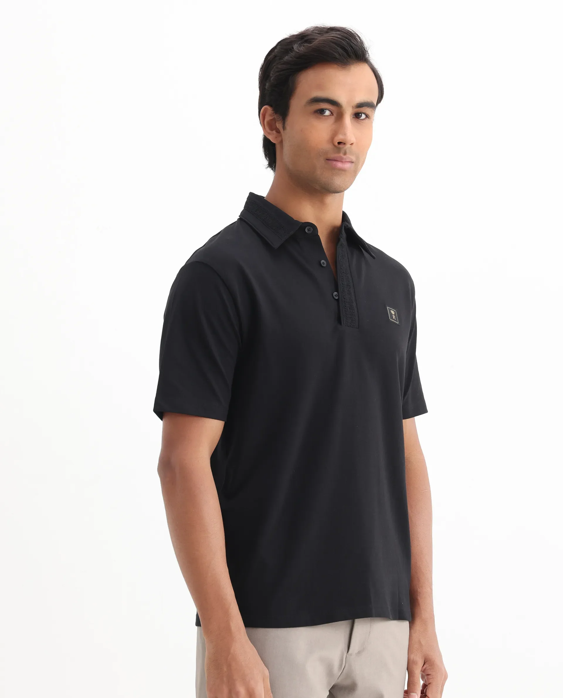 Rare Rabbit Men's Ariolo Black Cotton Blend Plain Regular Fit Half Sleeve Polo - Image 8