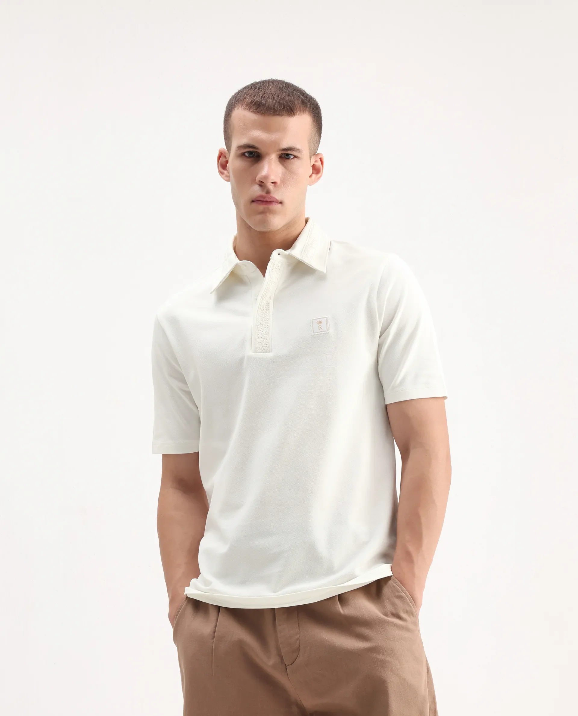 Rare Rabbit Men's Ariolo White Cotton Blend Plain Regular Fit Half Sleeve Polo - Image 2