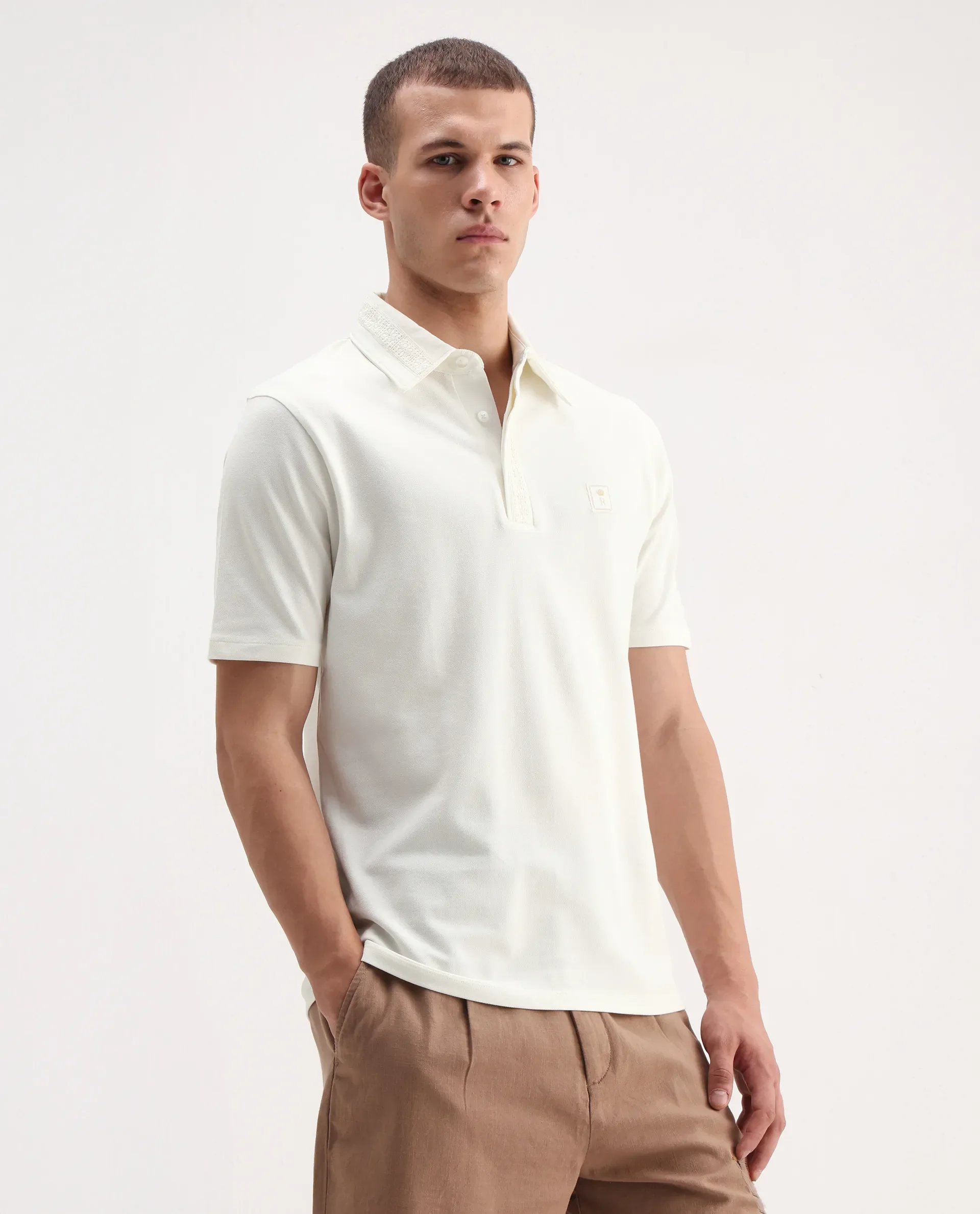 Rare Rabbit Men's Ariolo White Cotton Blend Plain Regular Fit Half Sleeve Polo - Image 5