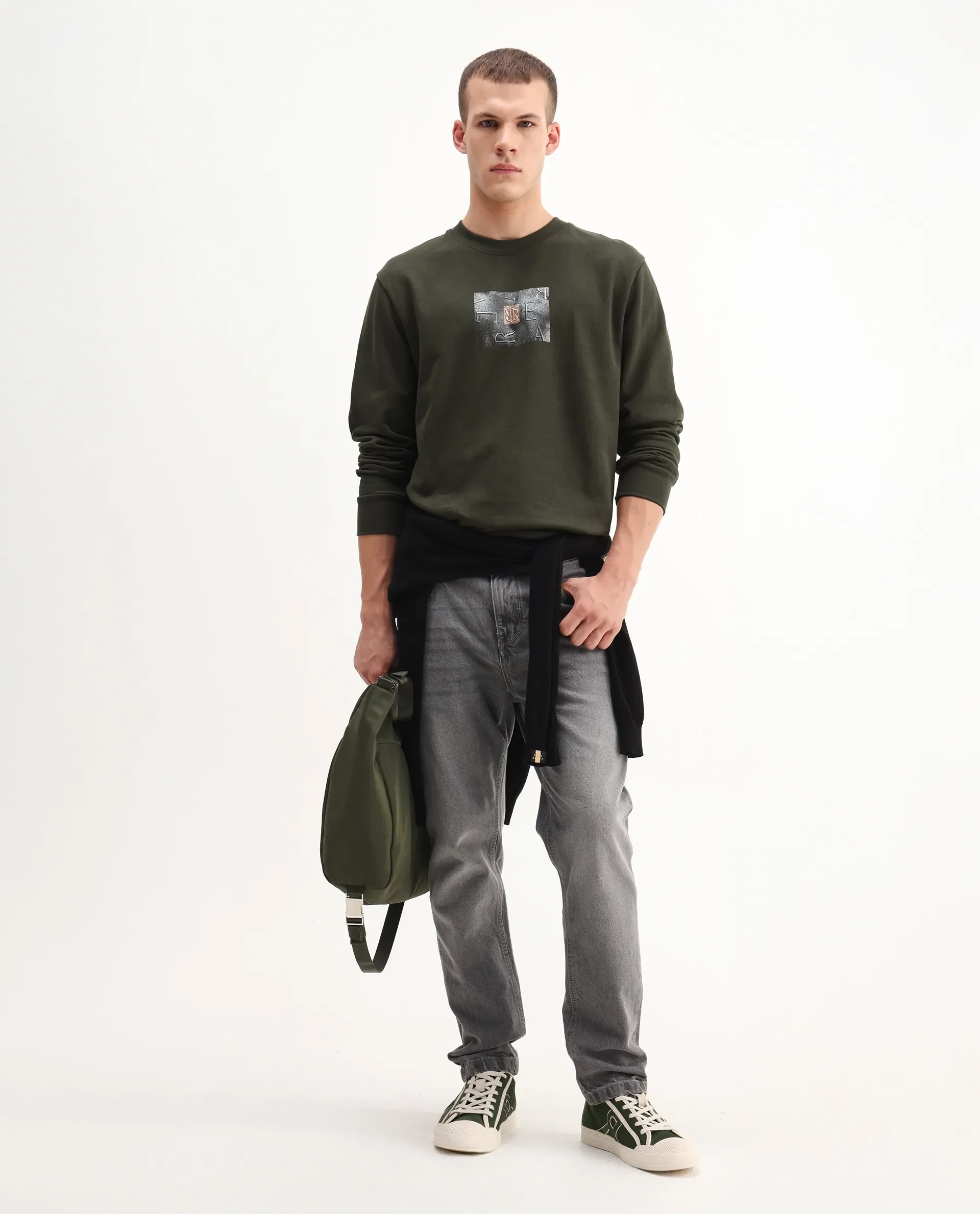 Rare Rabbit Men's Arion Dark Olive Rayon Blend Hd Print Relaxed Fit Full Sleeve Crew Neck Sweatshirt - Image 2