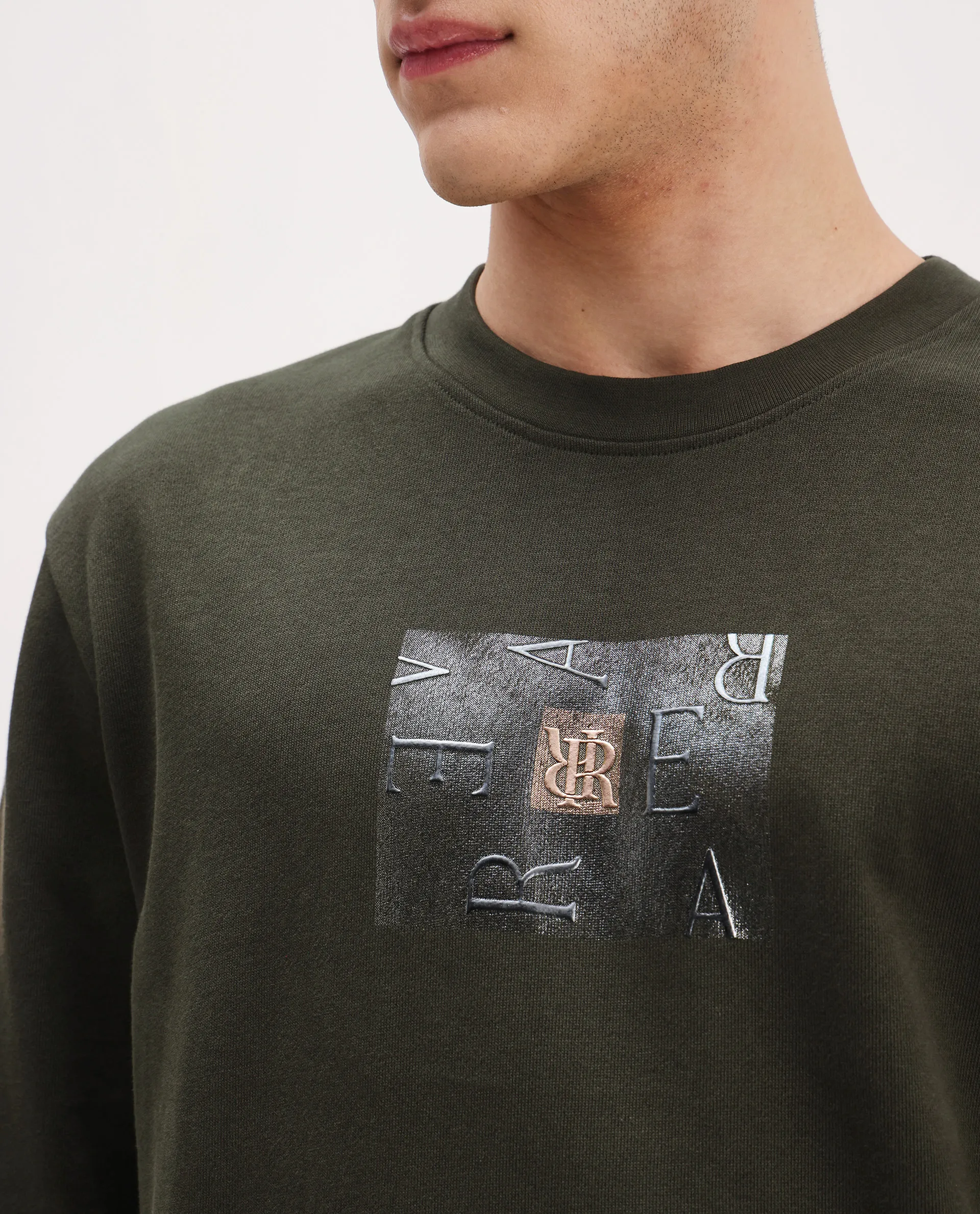Rare Rabbit Men's Arion Dark Olive Rayon Blend Hd Print Relaxed Fit Full Sleeve Crew Neck Sweatshirt - Image 3
