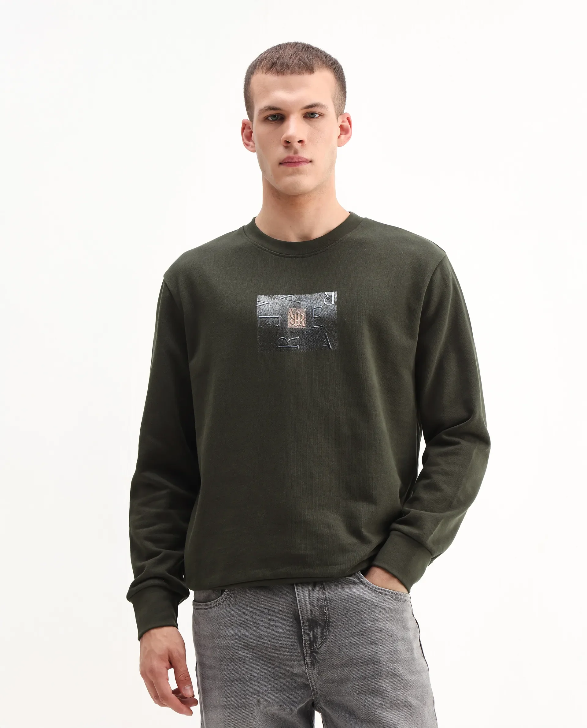 Rare Rabbit Men's Arion Dark Olive Rayon Blend Hd Print Relaxed Fit Full Sleeve Crew Neck Sweatshirt - Image 4