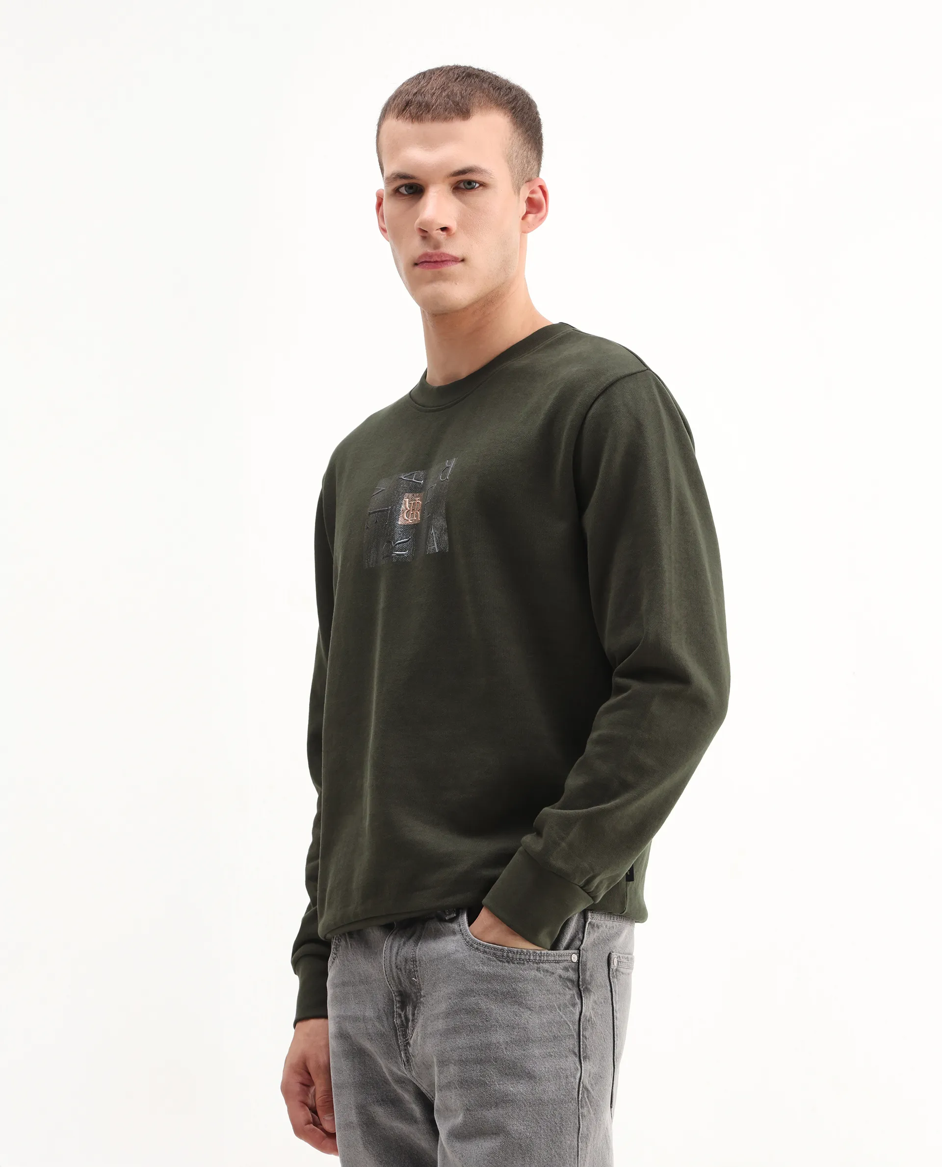 Rare Rabbit Men's Arion Dark Olive Rayon Blend Hd Print Relaxed Fit Full Sleeve Crew Neck Sweatshirt - Image 5